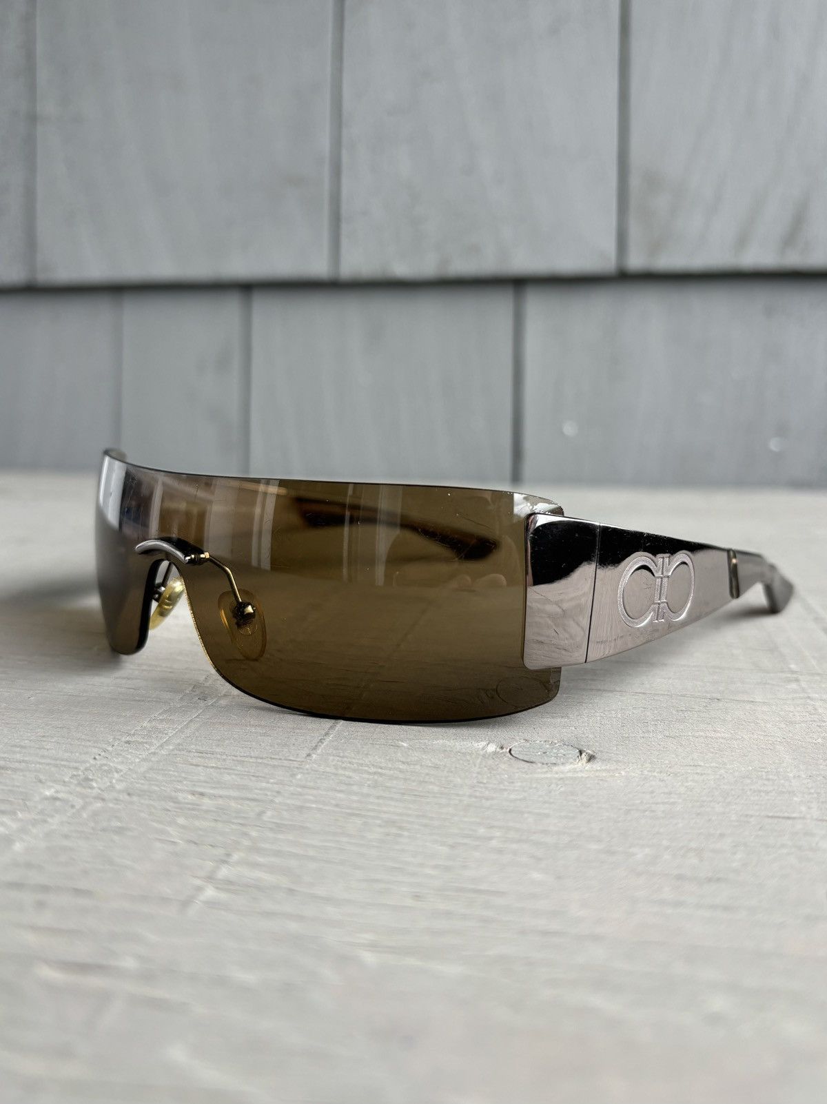 Designer × Salvatore Ferragamo × Vintage 2000s Ferragamo Sunglasses Y2K Rimless Shield Metal 1029 00s Size ONE SIZE - 1 Thumbnail