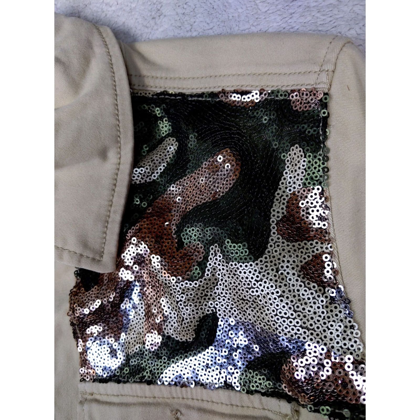 Denime DG2 by Diane Gilman Womens L Beige Denim Sequin Camo Military Jacket Chore jean Size 36" / US 14 / IT 50 - 5 Thumbnail