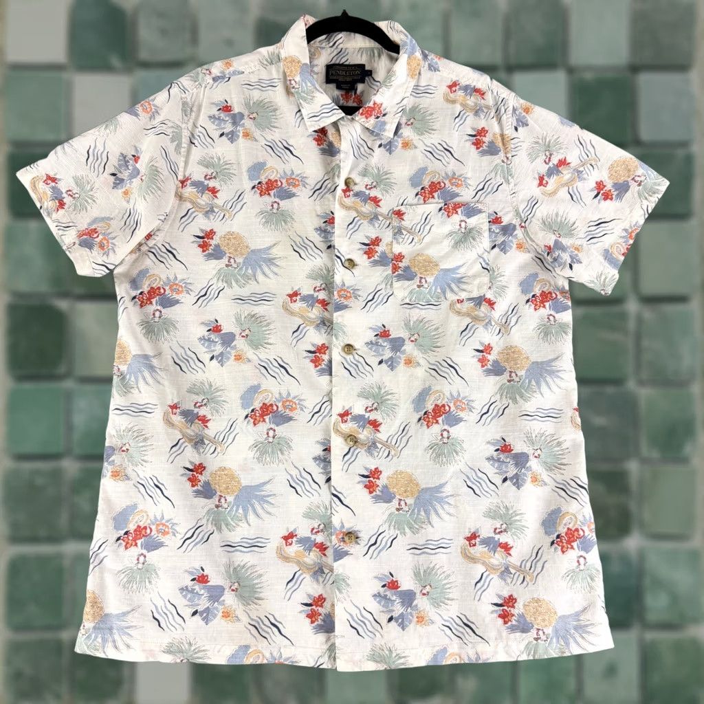 Pendleton Pendleton Button-Down Shirt Mens L White Floral Cotton HS Short Sleeve Casual Travel Hawaiian Dancer Cream? Size US L / EU 52-54 / 3 - 1 Thumbnail