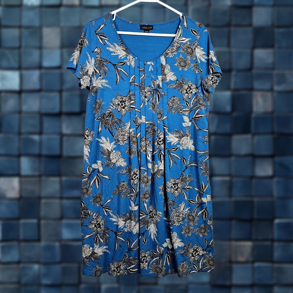 J. Jill J Jill Wearever Collection Blue Floral Short Sleeve Pleated Front Knit Dress M Size 32" / US 10 / IT 46 - 1 Thumbnail