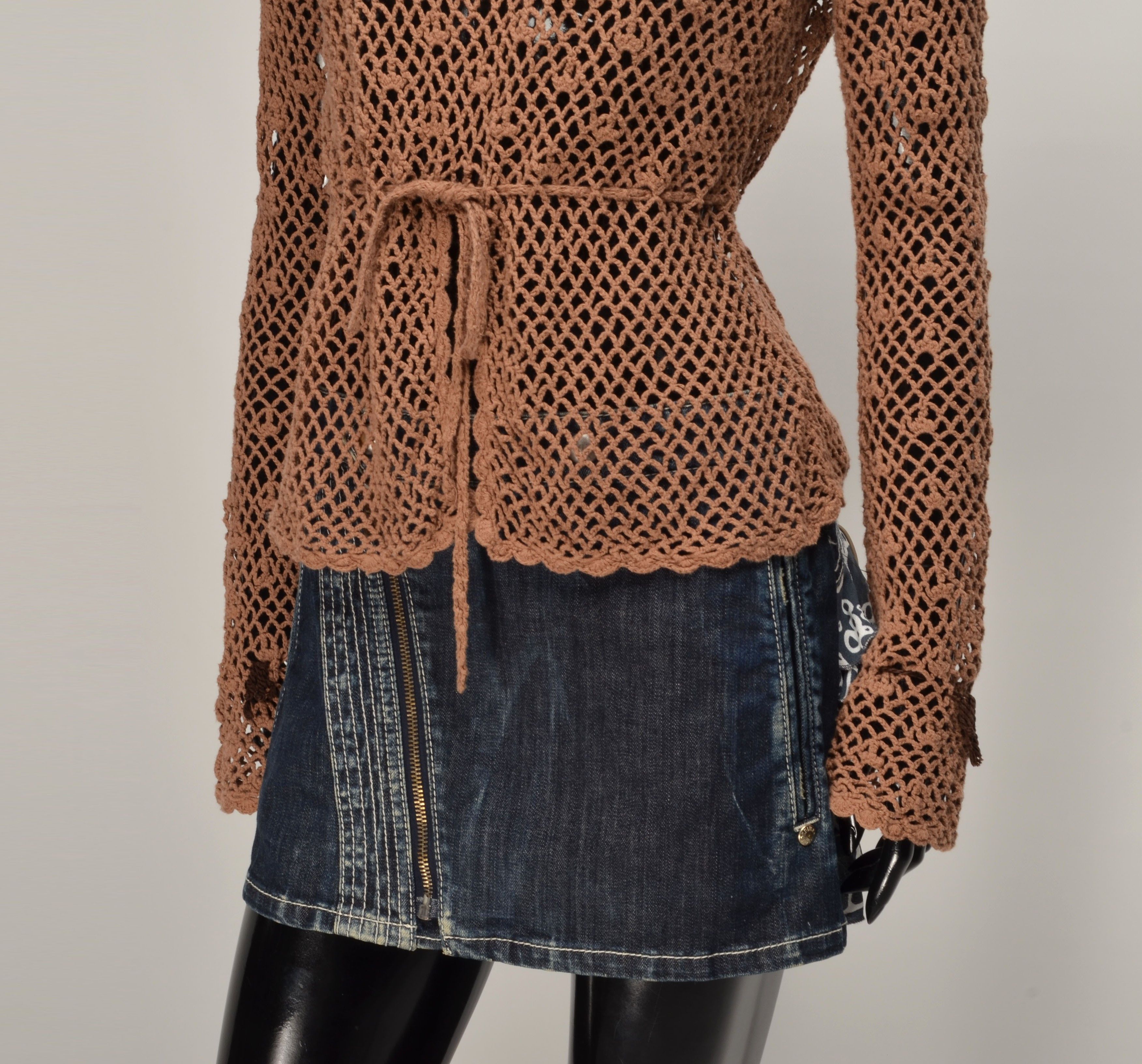 Designer Yes or No Crochet Knit Boat Neck Cottage Long Sleeve Tan Top Size M / US 6-8 / IT 42-44 - 3 Thumbnail