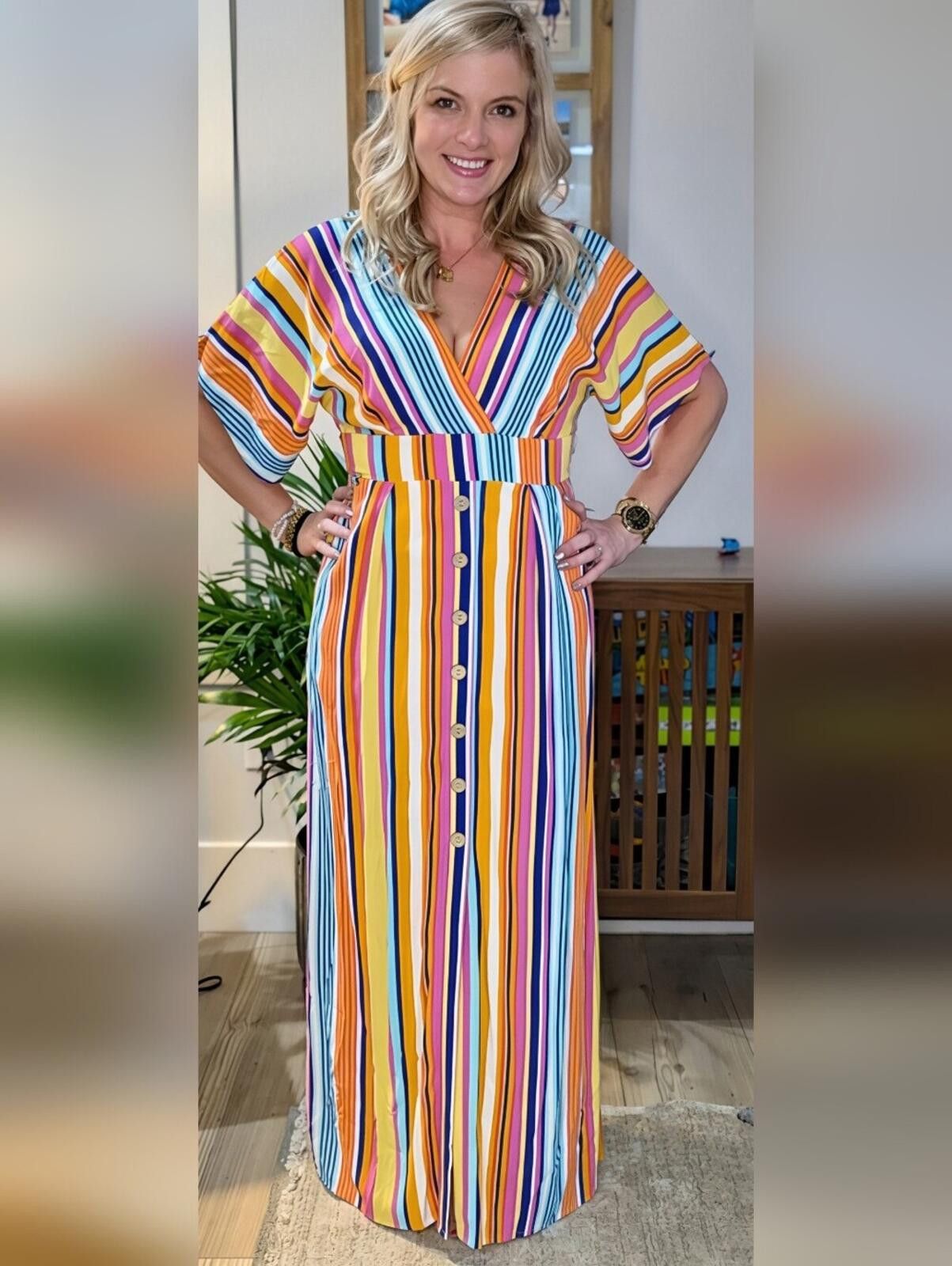 Harder Harper Multicolor Striped V-Neck Button Maxi Dress Size S / US 4 / IT 40 - 4 Thumbnail
