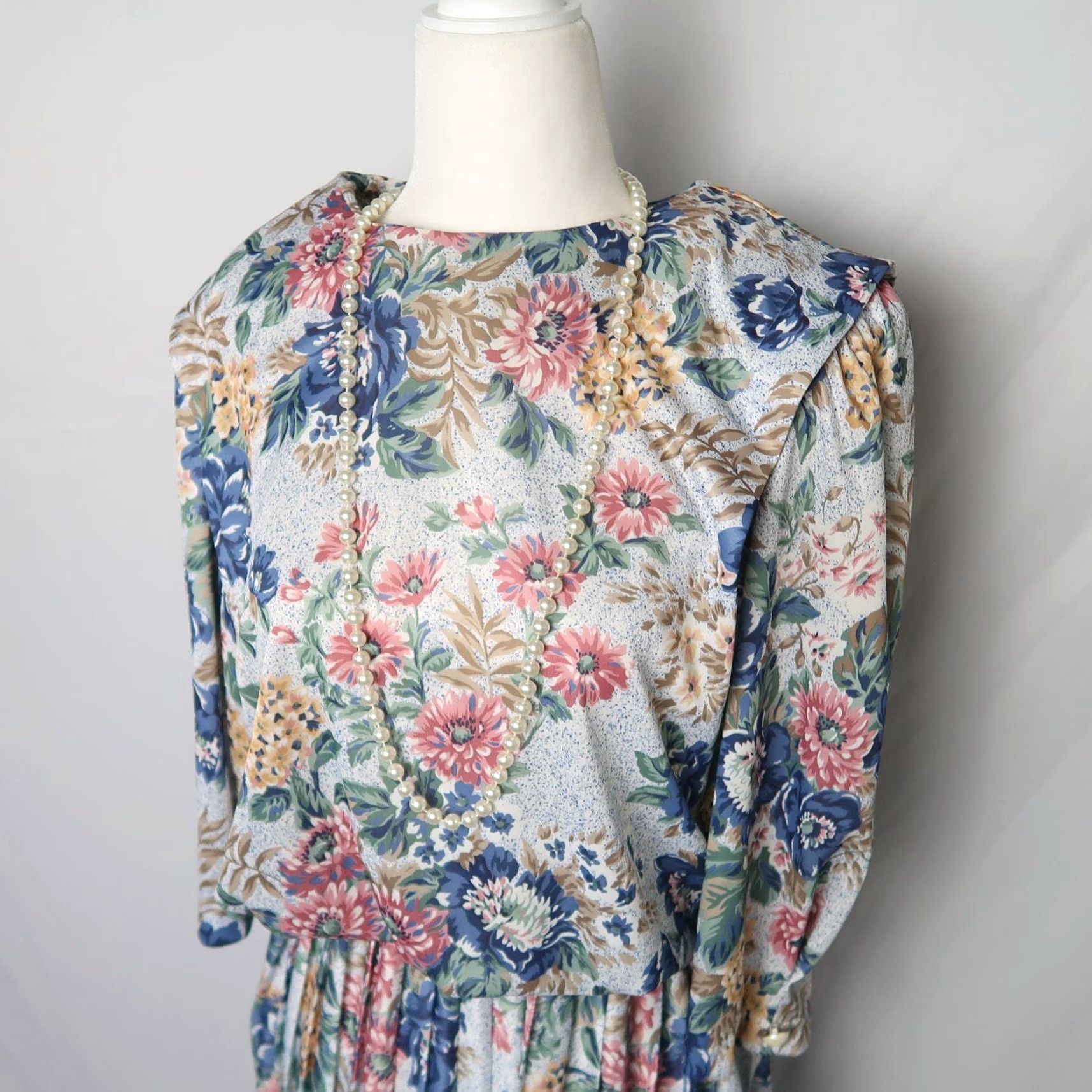 Vintage VINTAGE Cue 80s Midi Dress Knots Blue Pink Grey Floral Bohemian 10 Womens Size L / US 10 / IT 46 - 2 Thumbnail