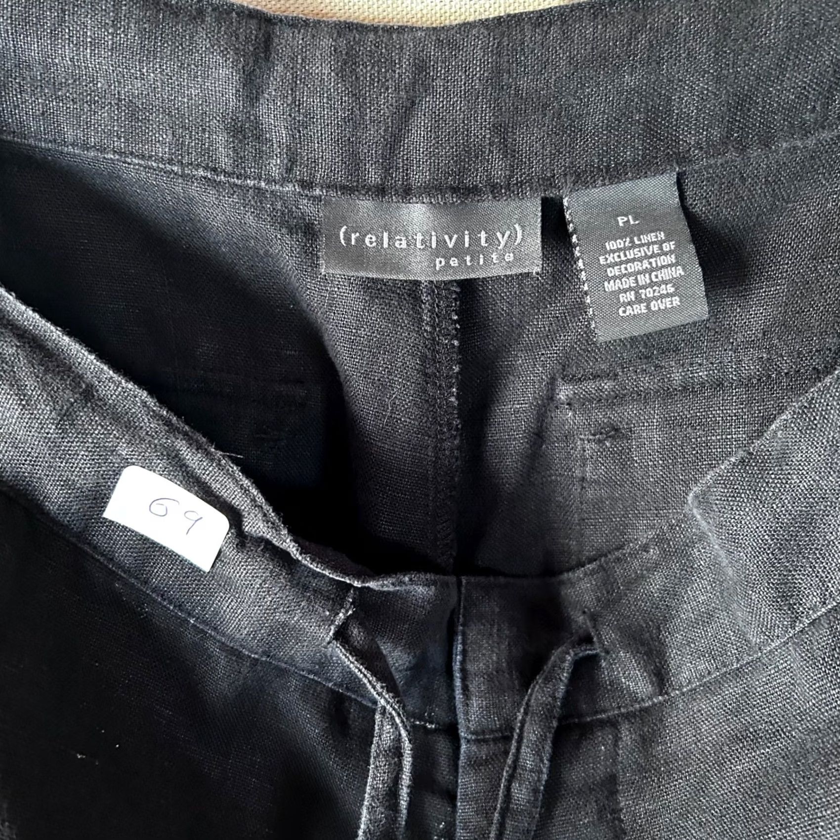 Vintage Relativity Petite Black Linen Floral Embroidered Drawstring Pants PL Size 36" / US 14 / IT 50 - 2 Thumbnail