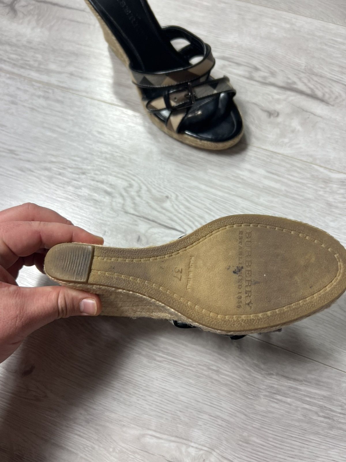 Burberry Women’s Nova Check Leather Wedge Espadrille Sandals