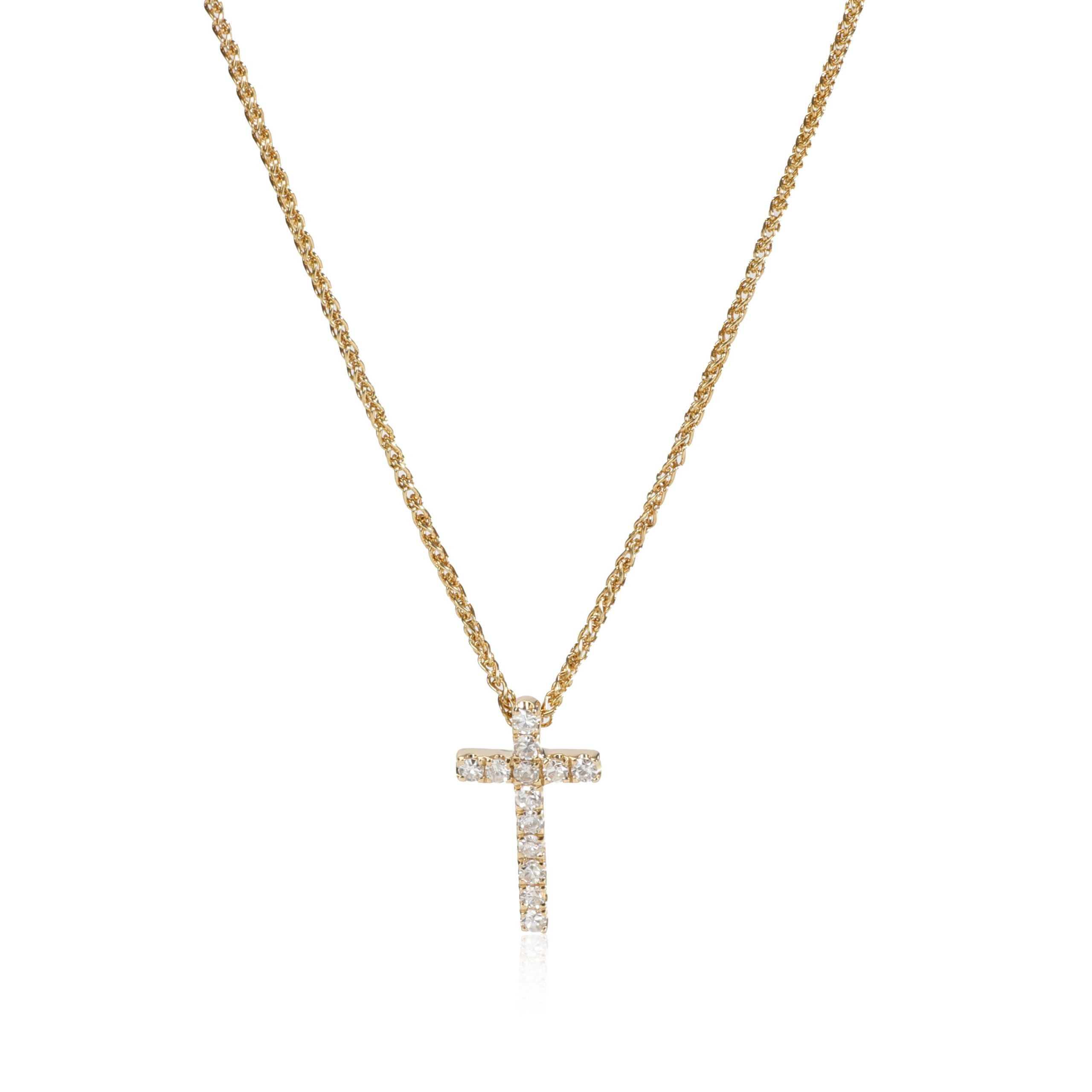image of Tiffany Co Diamond Cross Pendant Necklace 14K Yellow Gold 0.10 Ctw, Women's