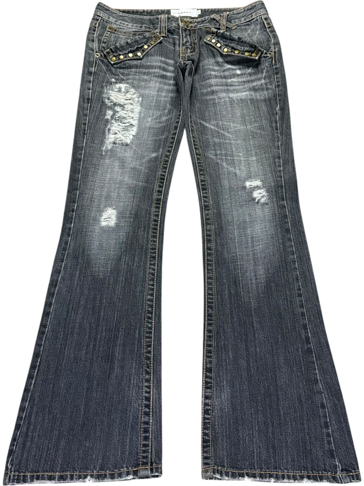 Japanese Brand × Seditionaries Vintage Japanese Brand Faded Wash Studded Ripped Flare Jeans Size 31" - 1 Thumbnail