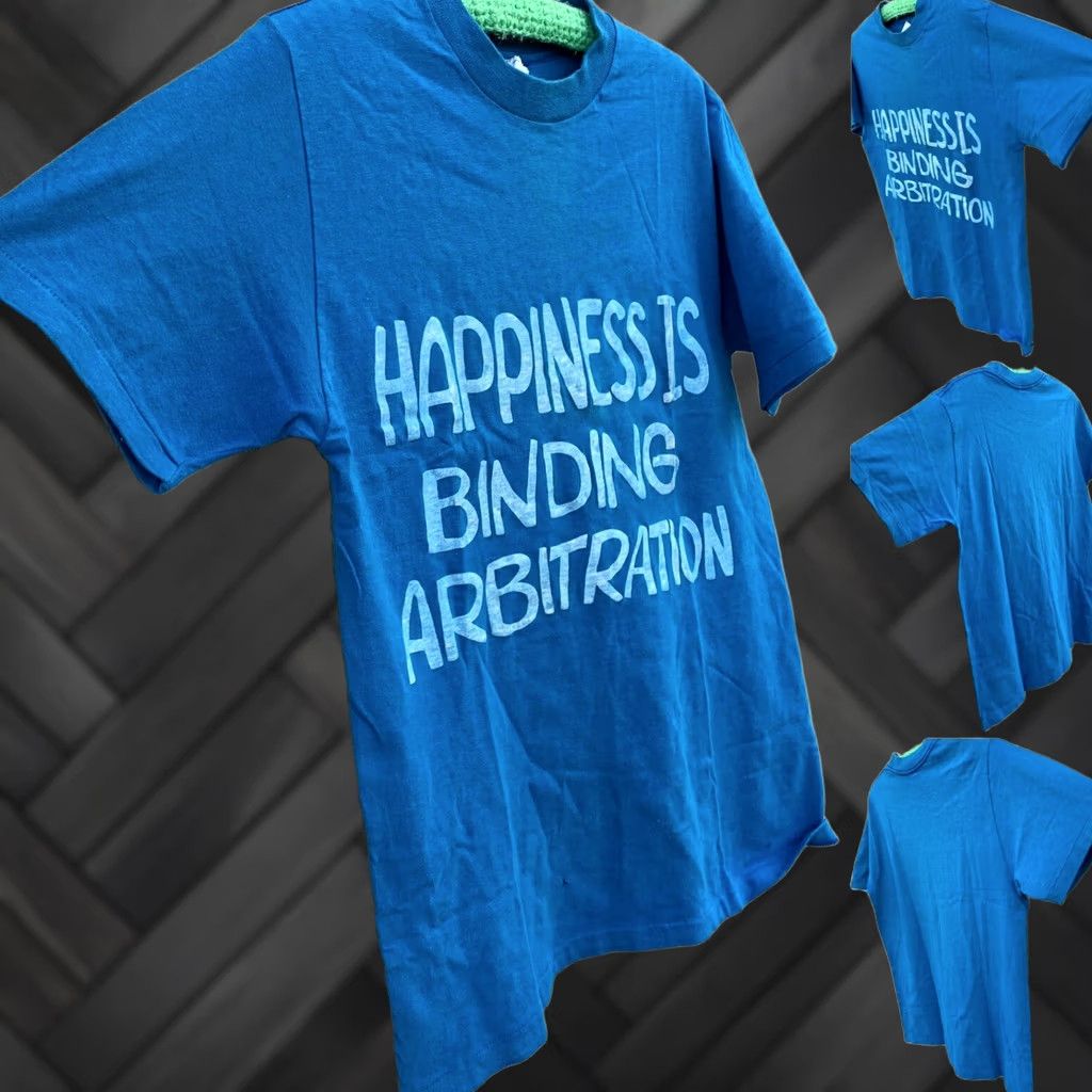 Vintage VINTAGE Happiness Is Binding Arbitration t shirt Big Valley Mens Large Blue Cotton Graphic Tee 70s 80s RN 47716 Size US L / EU 52-54 / 3 - 1 Thumbnail