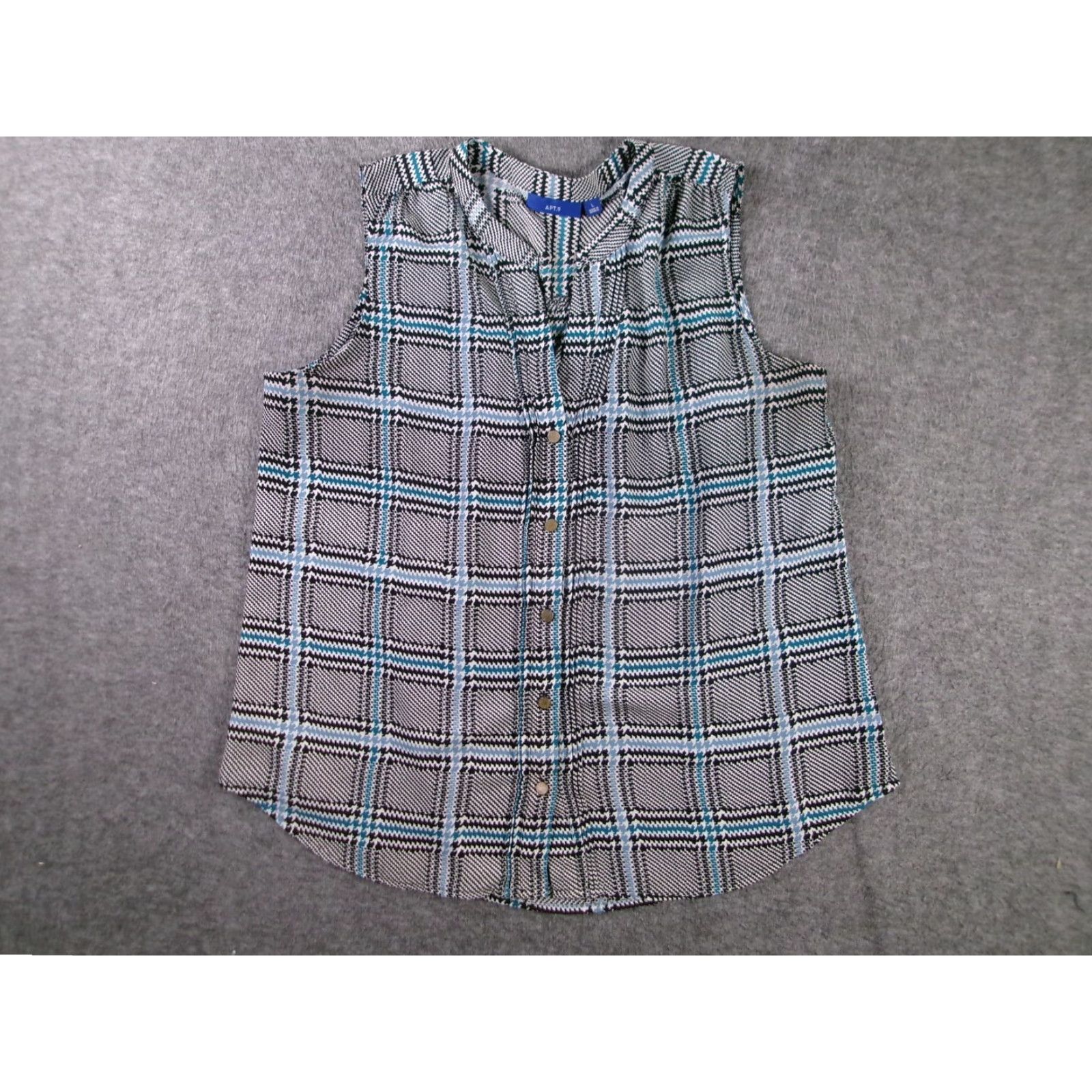 Apt. 9 APT9 Blouse Womens L Black Teal Sleeveless Button Front Plaid Houndstooth Size L / US 10 / IT 46 - 2 Thumbnail