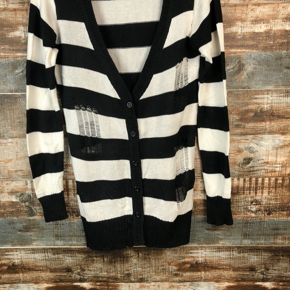 Japanese Brand × Solid and Striped Colza Stripe Black prison ripped Cardigan Knitwear #A2042 Size M / US 6-8 / IT 42-44 - 3 Thumbnail