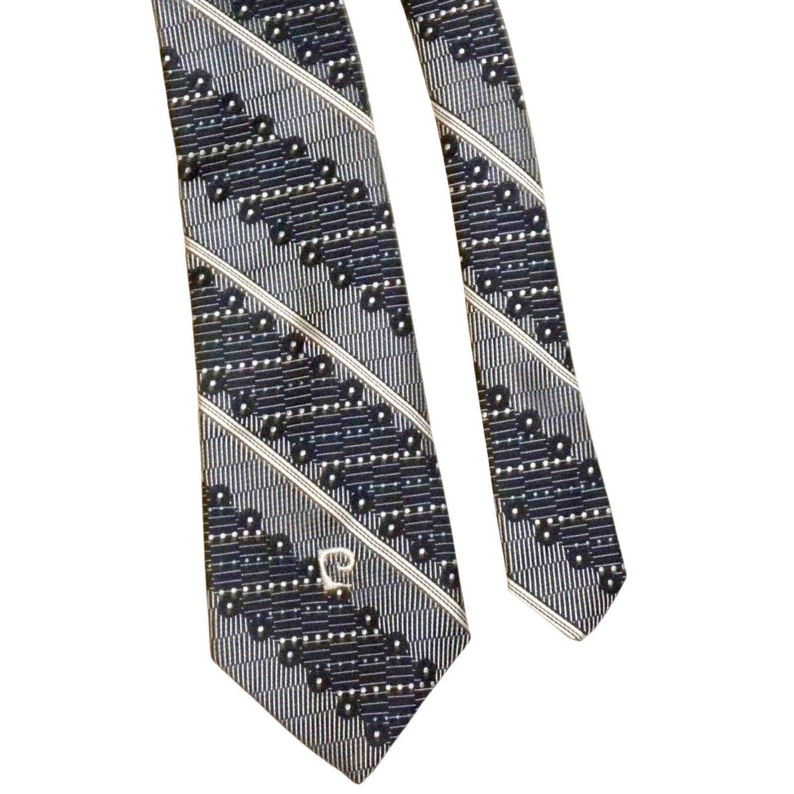 Pierre Cardin × Vintage 70s PIERRE CARDIN 4" Wide Necktie | Blue Logo Stripe Tie Size ONE SIZE - 4 Thumbnail