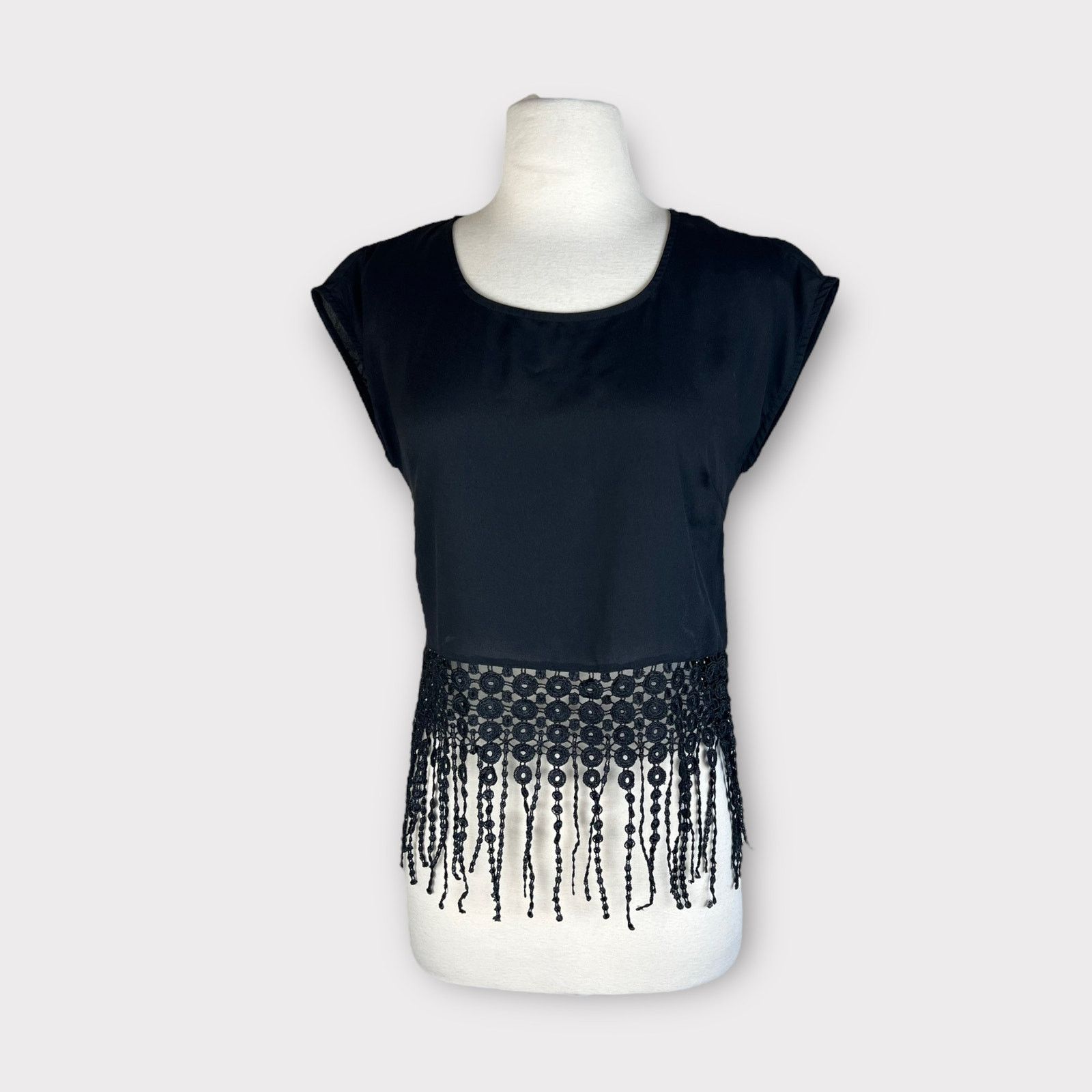 Nordstrom Monteau | Black Fringe Boho Short Sleeves Blouse I XS Size XS / US 0-2 / IT 36-38 - 1 Thumbnail