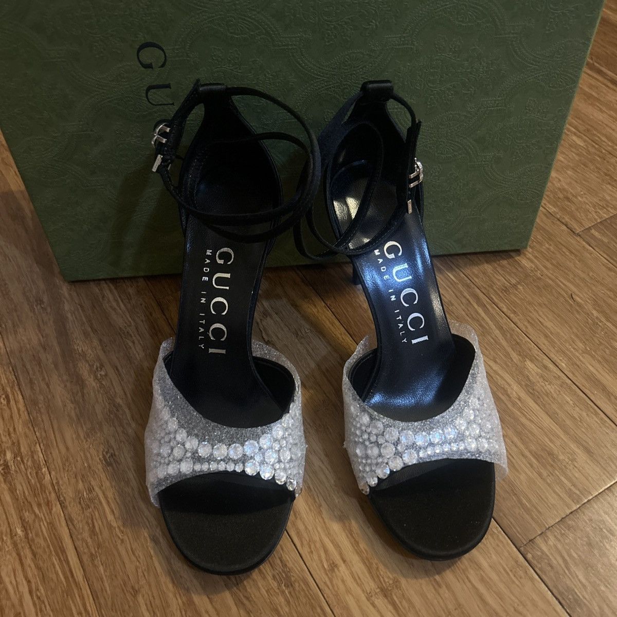 Gucci Gucci GG Crystal Satin Slide Raso Seta Malaga Kid Heel Size US 5.5 / IT 35.5 - 6 Thumbnail