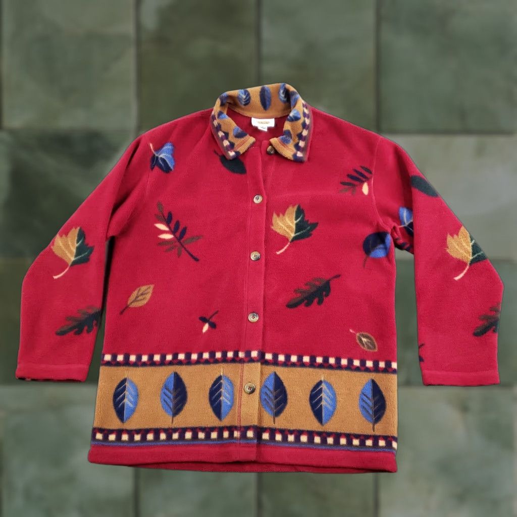 Talbots VINTAGE Talbots Jacket Womens Medium Red Fleece Leaf Print Button Front Fall Leaves Size M / US 6-8 / IT 42-44 - 1 Thumbnail
