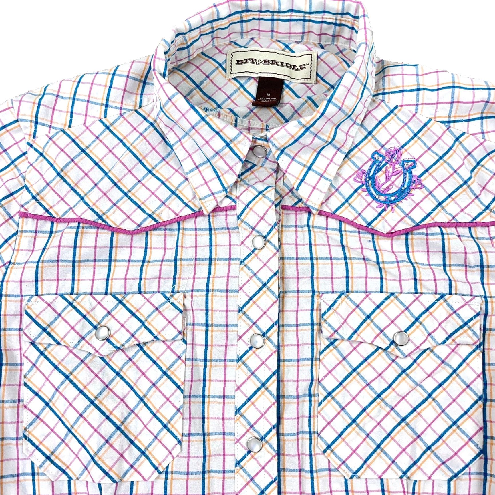 Vintage BIT & BRIDLE Western Shirt Women M Pearl Snap Embroidered Horse Plaid Cap Sleeve Button-Up, Casual All Seasons, Regular Fit Size M / US 6-8 / IT 42-44 - 2 Thumbnail