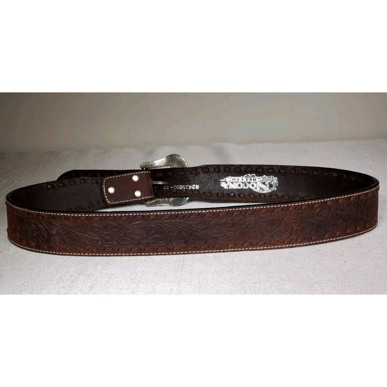 Vintage Nocona Western Belt Brown Leather Embossed Floral Contrast Stitching Men's 38 Size 38 - 3 Thumbnail