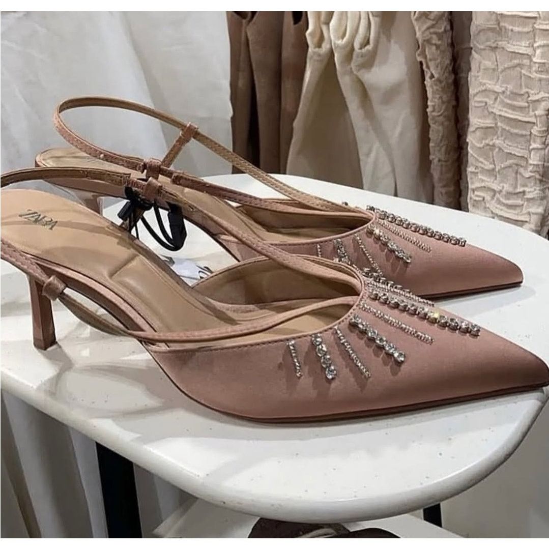 Zara ZARA Beige Rhinestone Slingback Heels NWT Size US 7.5 / IT 37.5 - 16 Thumbnail
