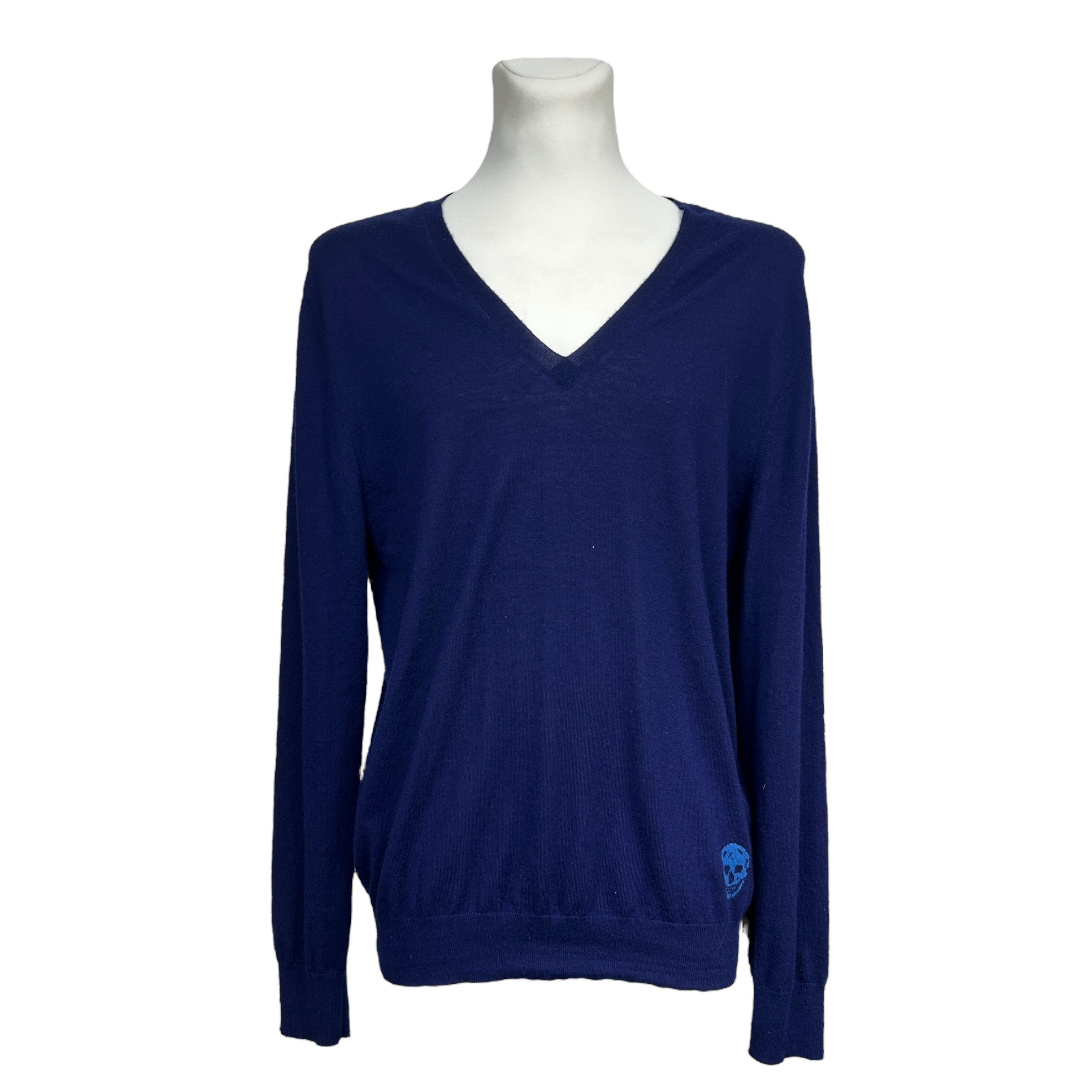 Alexander McQueen Pure Cashmere Blue Skull V-neck Sweater XL