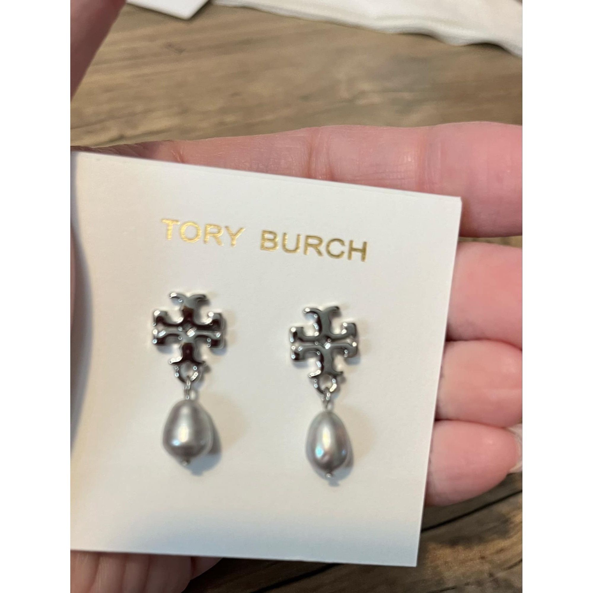 Tory Burch Tory Burch Silver T Logo Drop Gray Pearl Earrings Size ONE SIZE - 5 Thumbnail