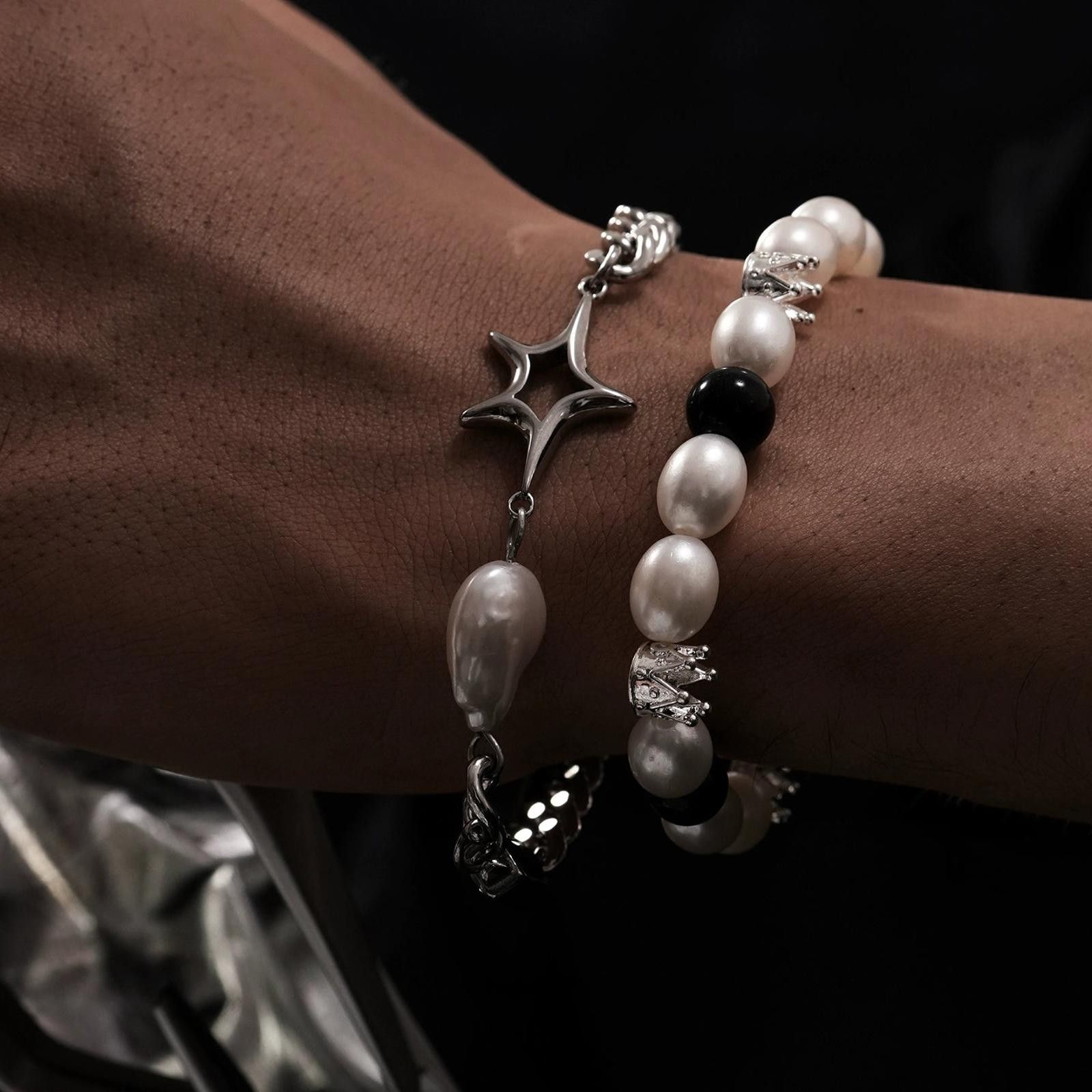Jewelry Silver Star & Pearl Beaded Bracelet Set, Elegant Jewelry Size ONE SIZE - 3 Thumbnail
