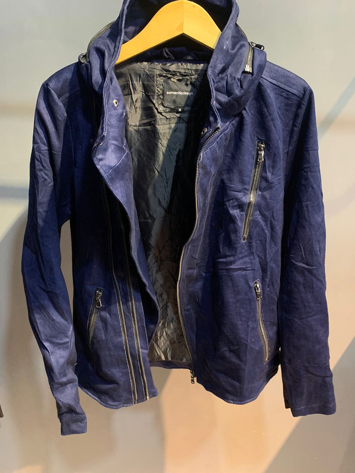 image of If Six Was Nine Semantic Design Biker Multi Zipper Jacket in Blue, Men's (Size Medium)