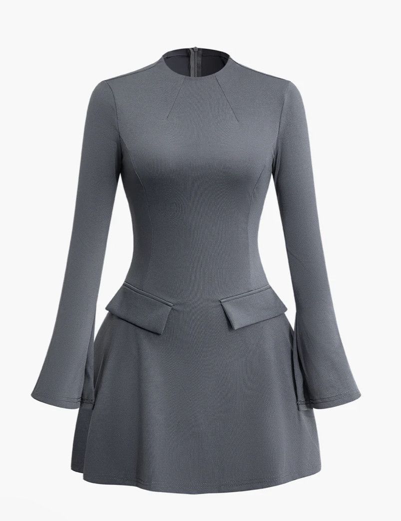 Other Chelsea Stitching Bell Sleeve Gray Mini Dress Size L / US 10 / IT 46 - 2 Thumbnail