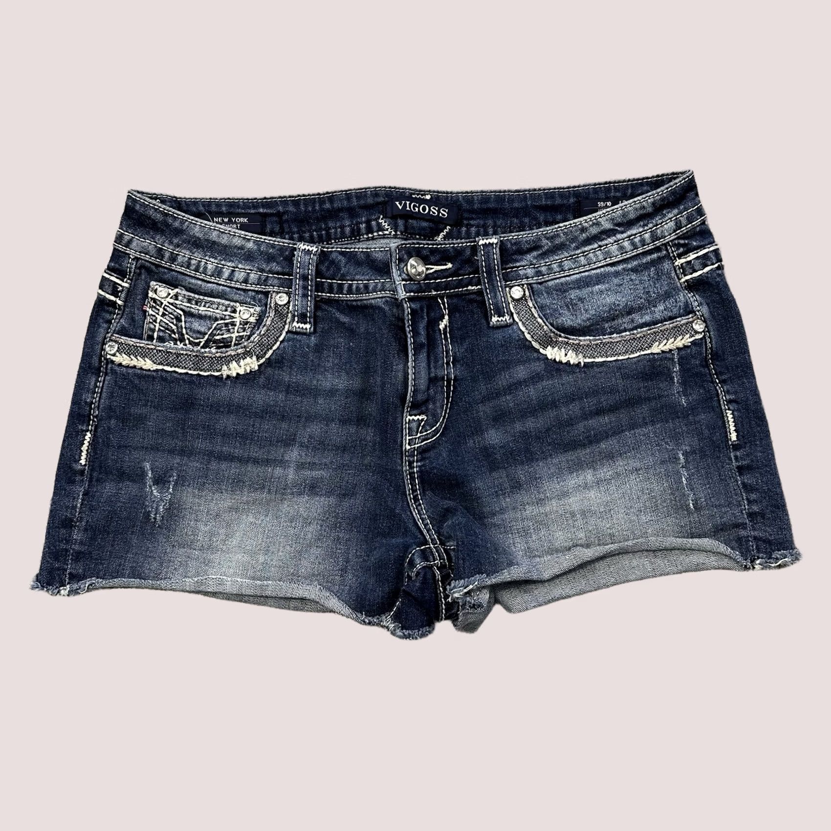 Vintage VIGOSS Denim Shorts Womens 10 Blue Rhinestone 5-Pocket Cut-Off Stretch Distressed Size 30" / US 8 / IT 44 - 1 Thumbnail