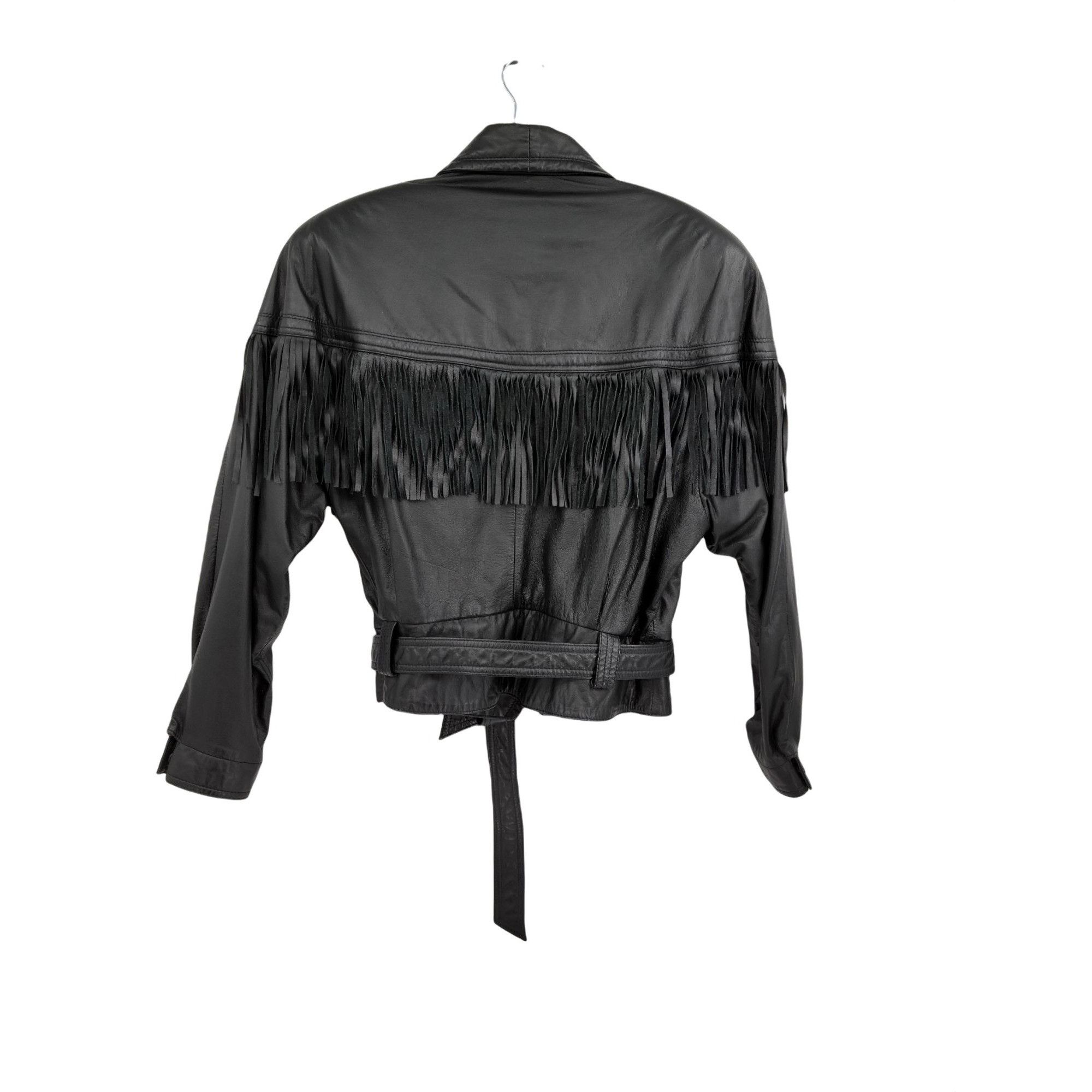 Vintage Vtg 80s G-III Black Fringed Leather Belted Bomber Jacket Sz Size L / US 10 / IT 46 - 2 Thumbnail