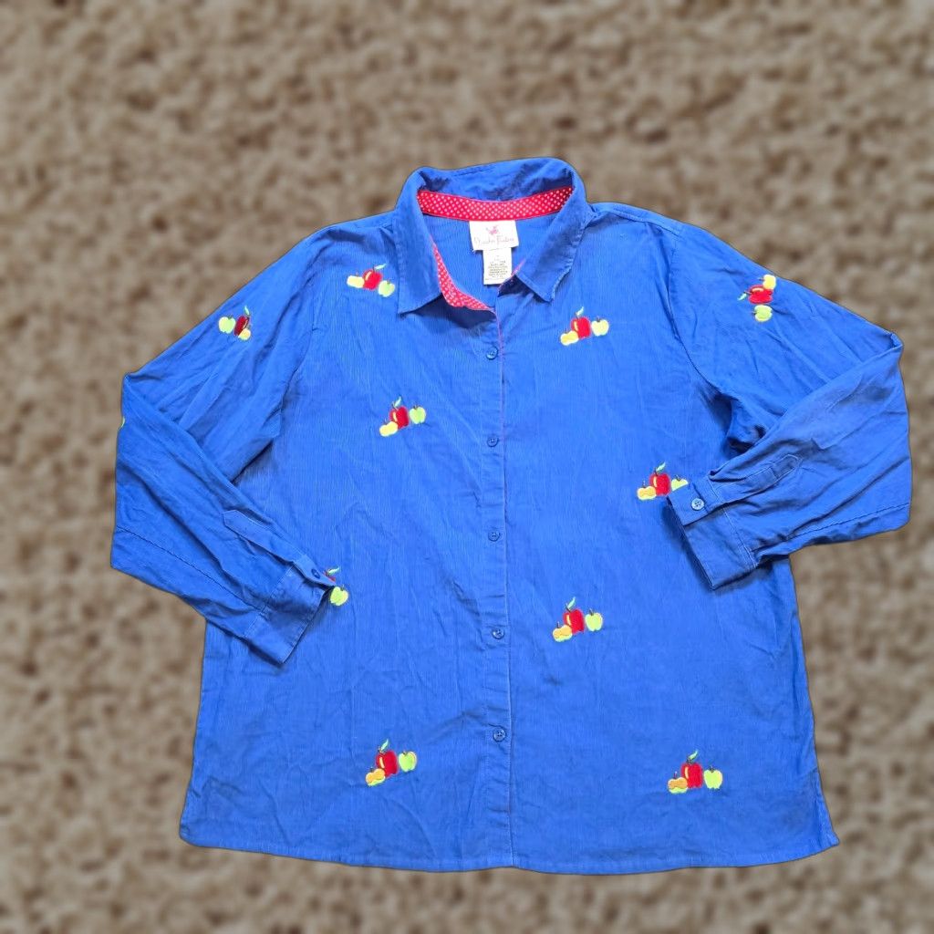 Quacker Factory Quacker Factory Blouse Women 1X Blue Embroidered Apples Corduroy Button Long Sleeve Size XL / US 12-14 / IT 48-50 - 1 Thumbnail