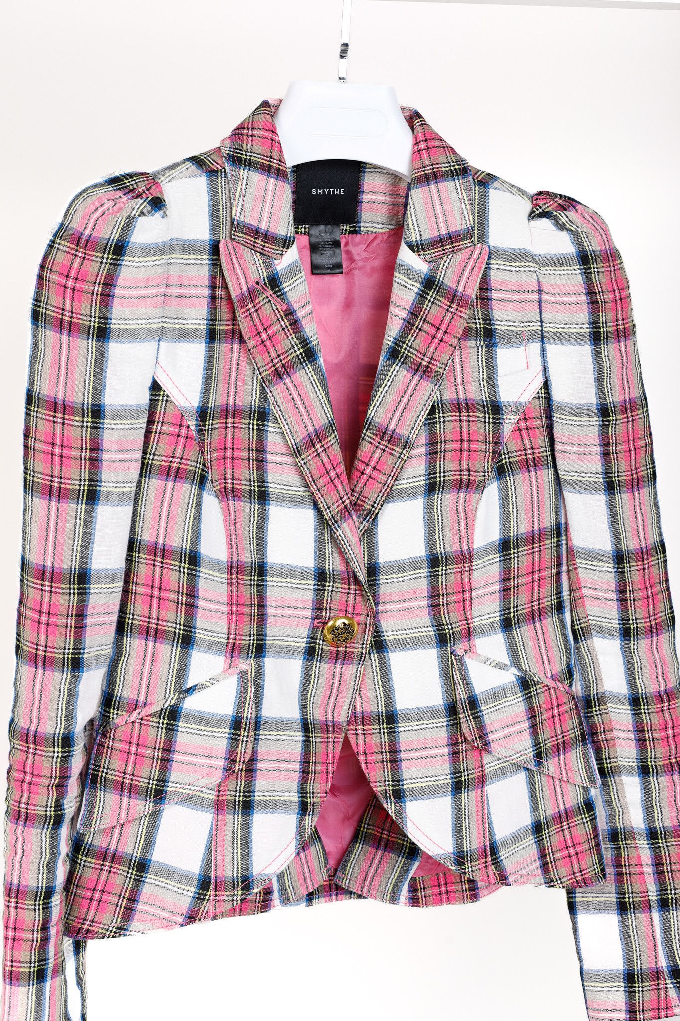 SMYTHE Smythe SS/20 Madras Plaid Pouf Sleeve One Button Blazer Size S / US 4 / IT 40 - 3 Thumbnail