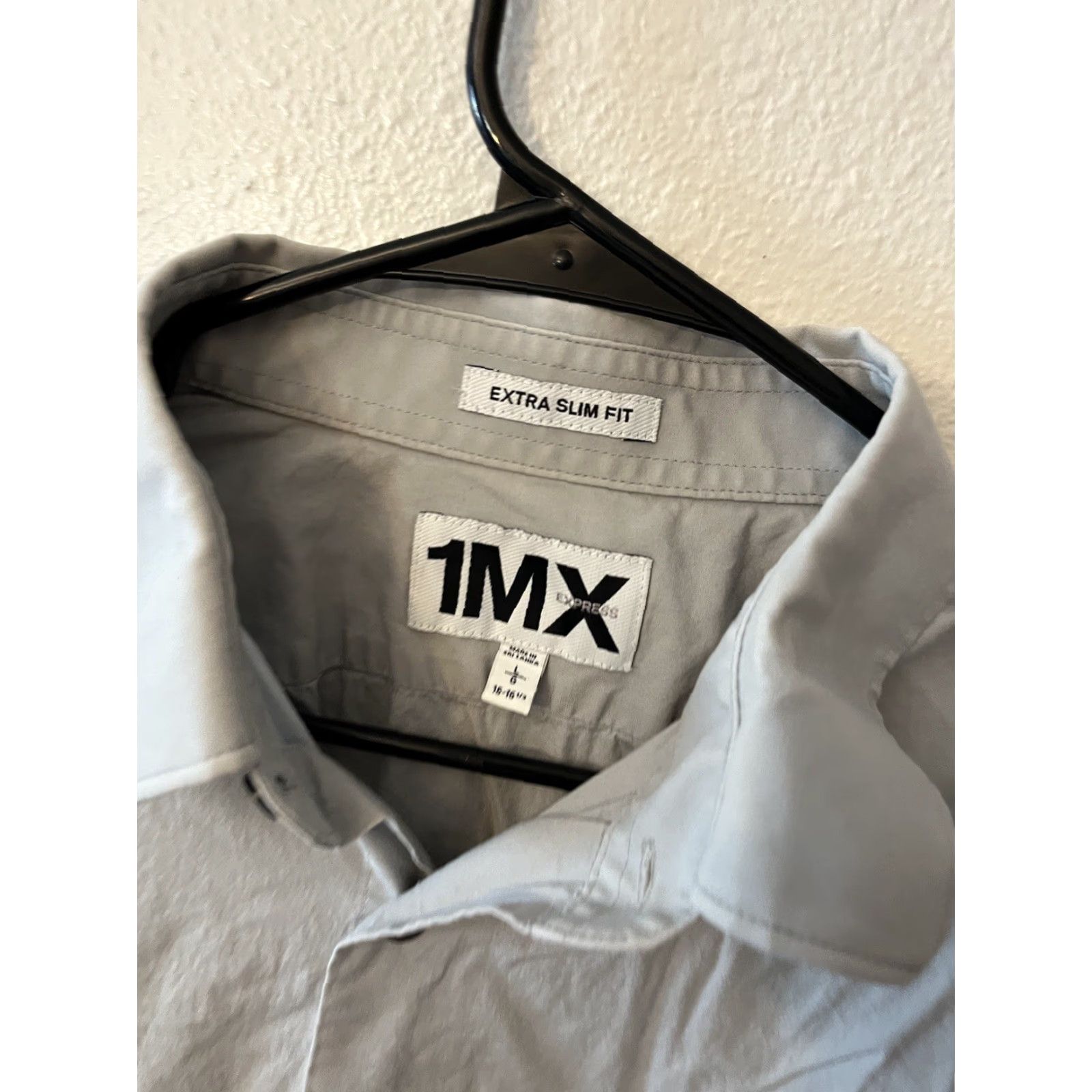 Express Express Dress Shirt Solid Gray Mens Large L Extra-Slim 1MX Size 42R - 3 Thumbnail