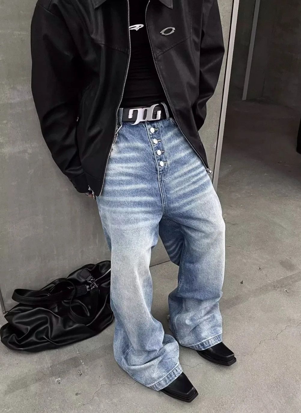 Jean × Vintage Washed Button Design Loose Straight Jeans Baggy Mopping Size US 32 / EU 48 - 3 Thumbnail
