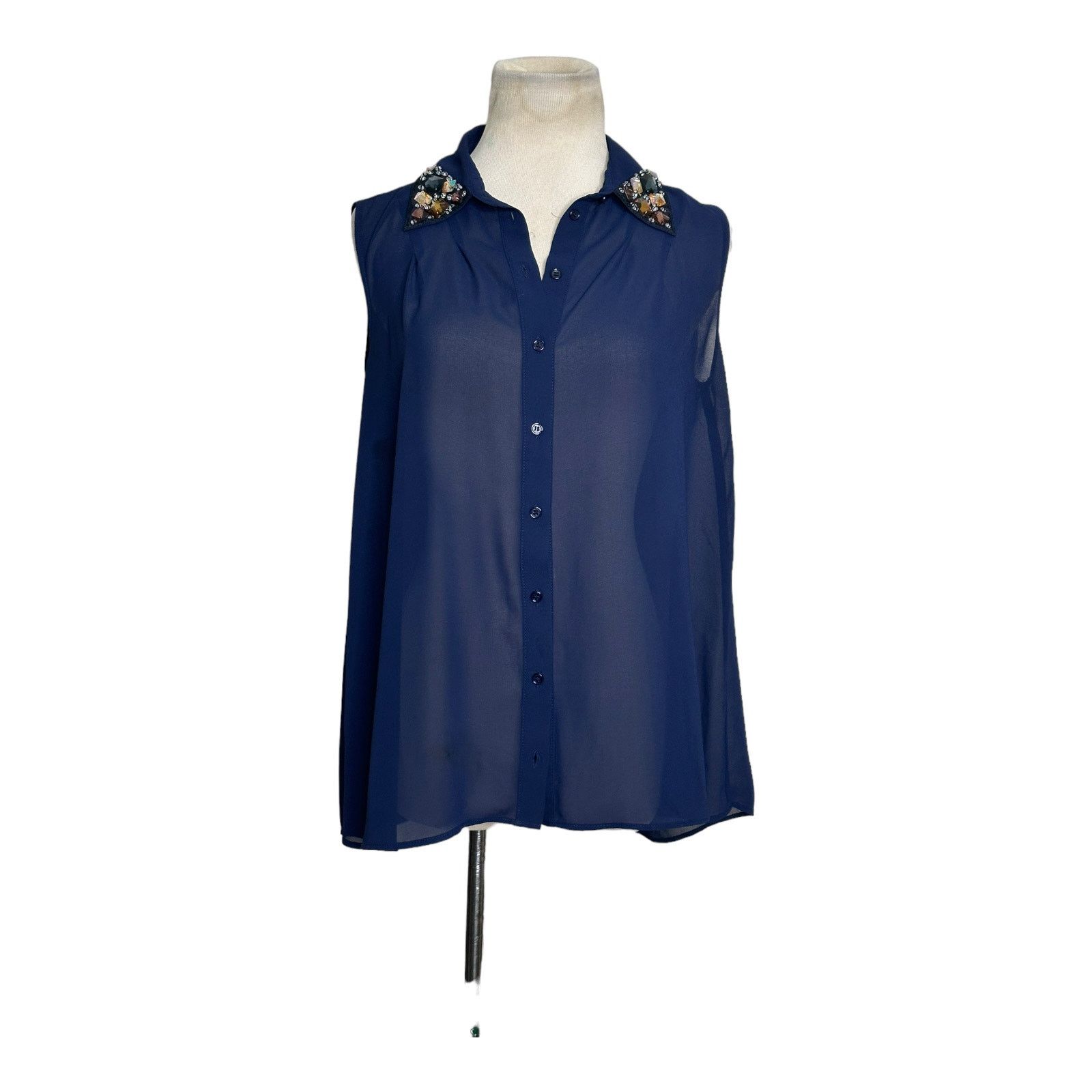 AQUA Aqua blue jeweled collared sleeveless blouse size Small Size S / US 4 / IT 40 - 11 Thumbnail