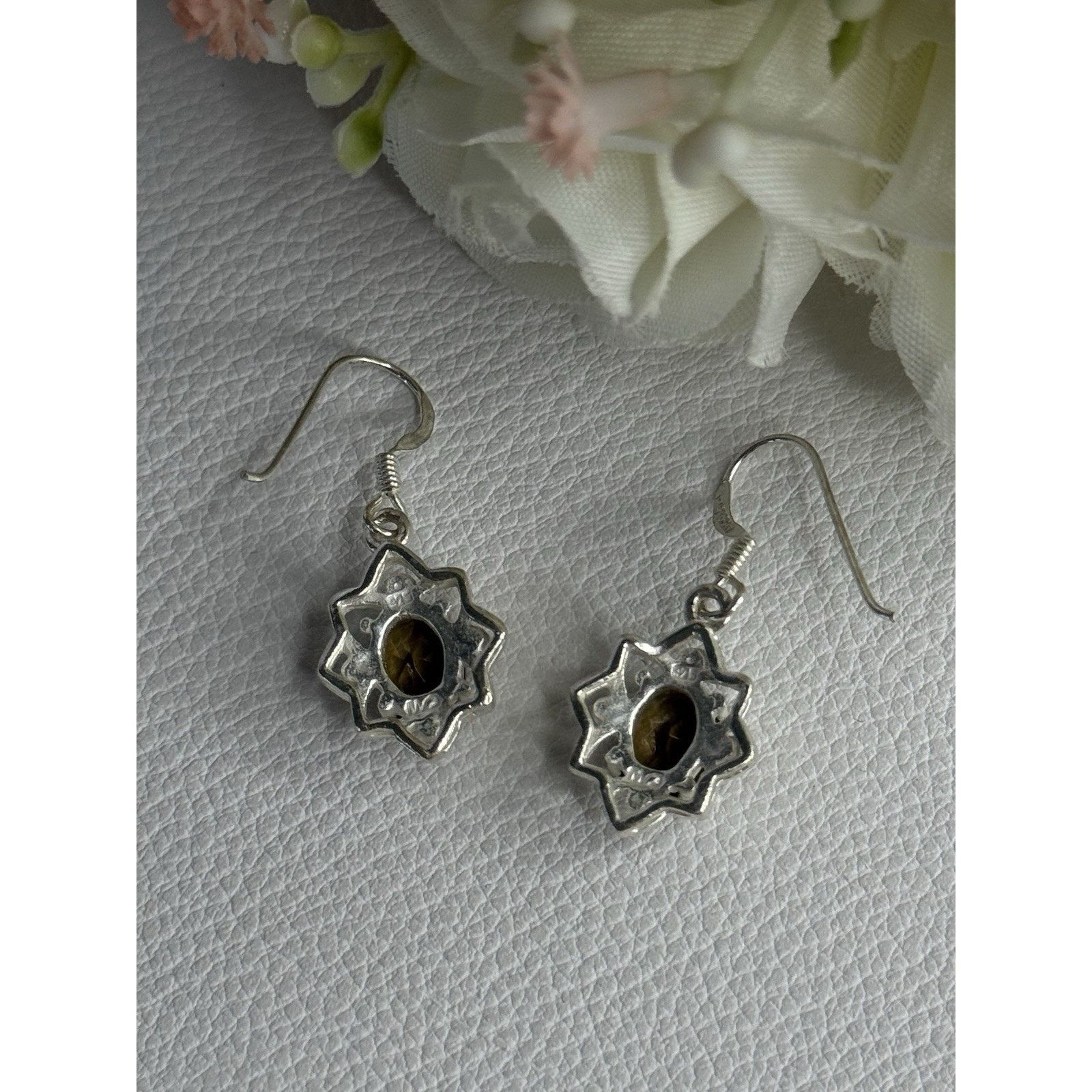 Jewelry 925 STERLING SILVER HESSONITE & MARCASITE EARRINGS Size ONE SIZE - 6 Thumbnail