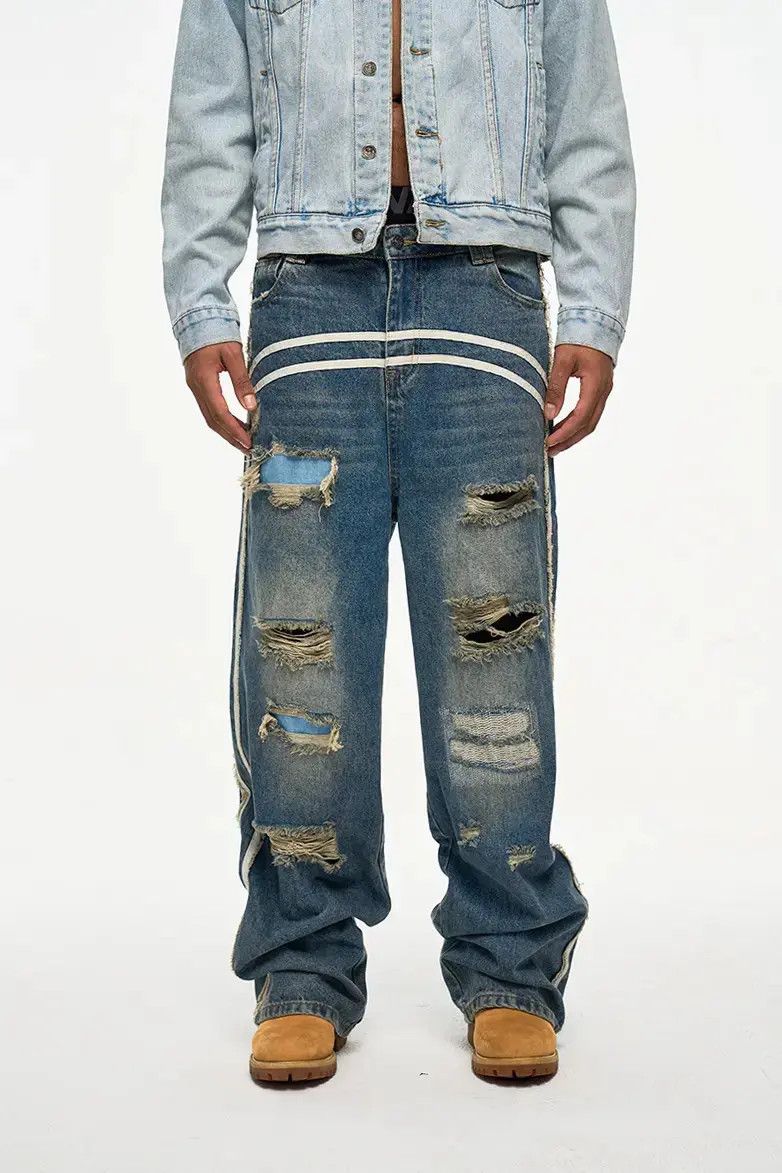 Japanese Brand × Jean Stripe Track Baggy Distressed Denim Jeans, Ripped Jeans Size US 28 / EU 44 - 3 Thumbnail