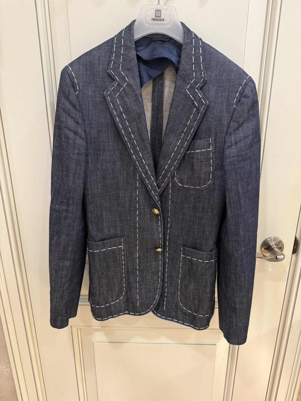 Versace stiching details denim blazer size46 Size 46R - 2 Thumbnail