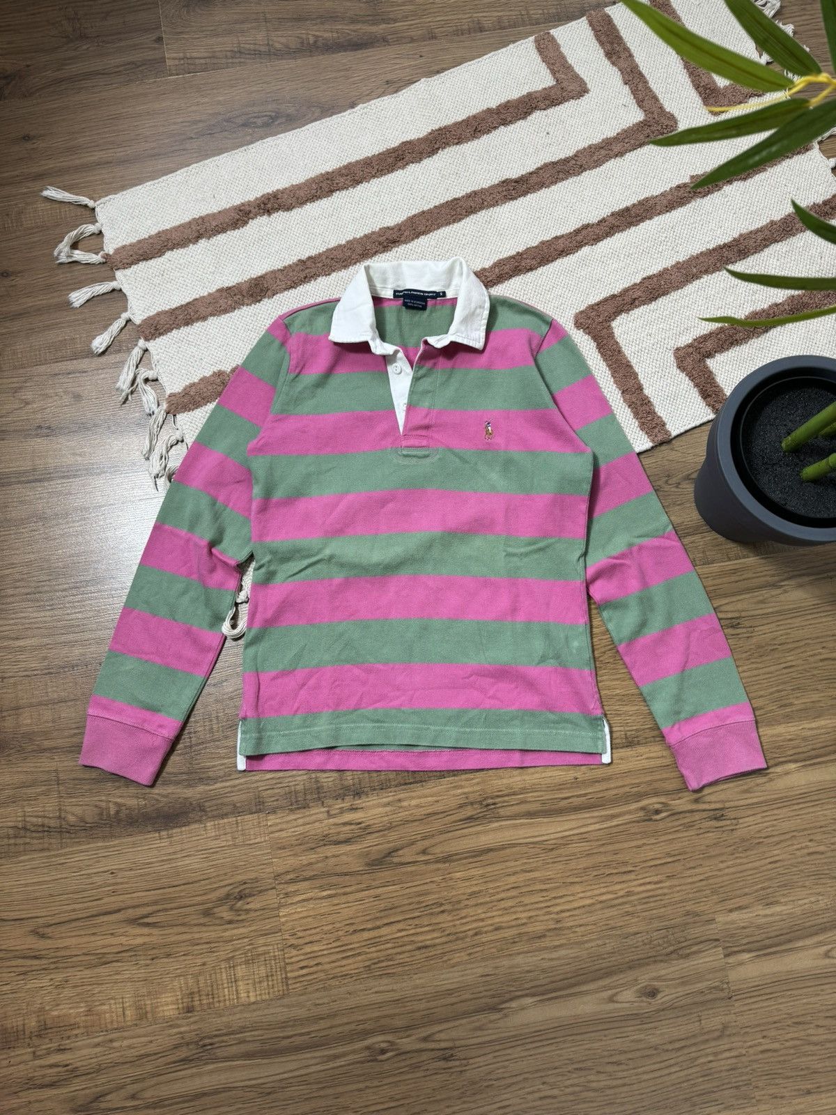 Ralph Lauren 1990s RALPH LAUREN PINK GREEN POLO LONGSLEEVE Size S / US 4 / IT 40 - 2 Thumbnail