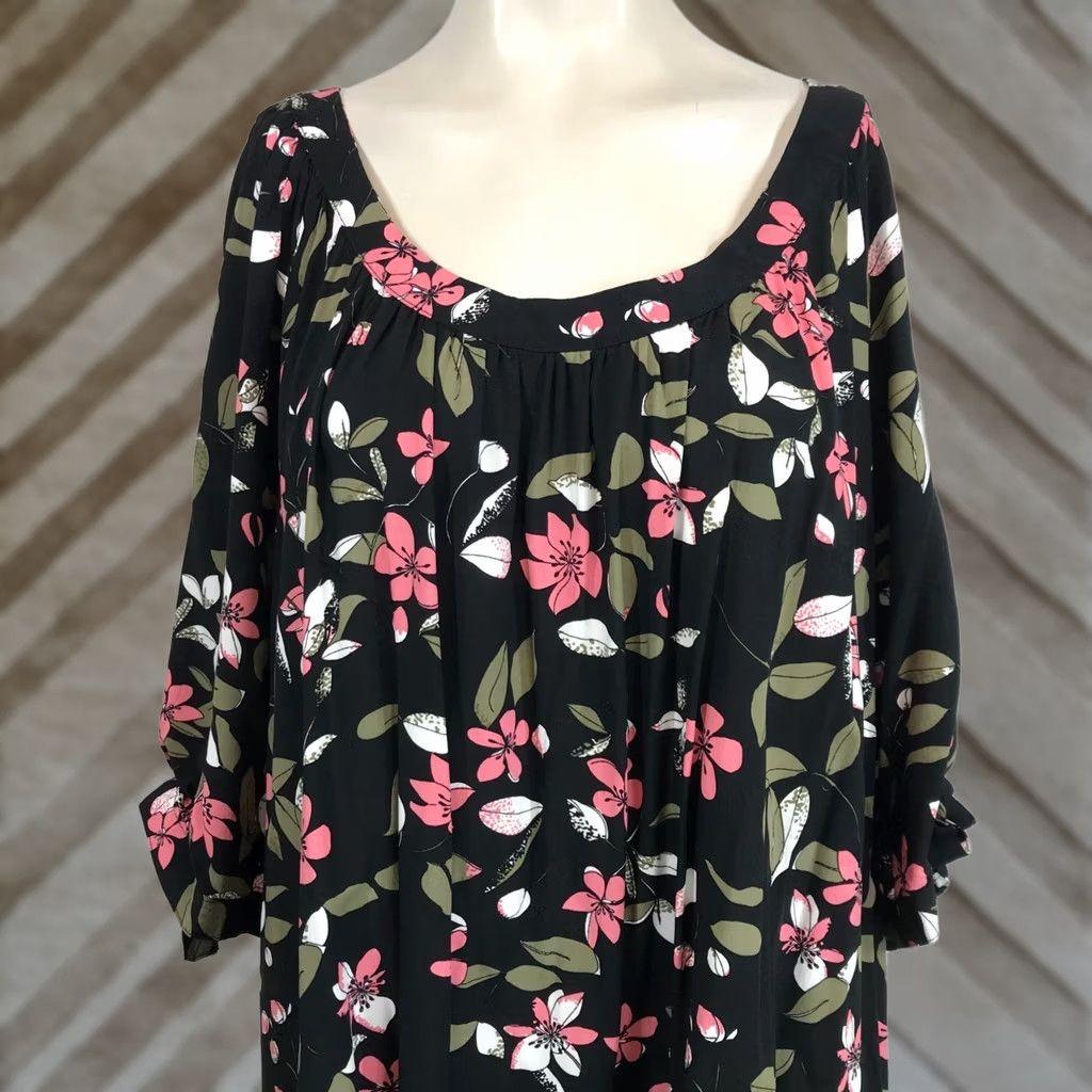 Vintage Ellos Womens 26 Black Floral 3/4 SLEEvE ROUND NECK Rayon Dress Size 4XL / US 24-26 - 1 Thumbnail