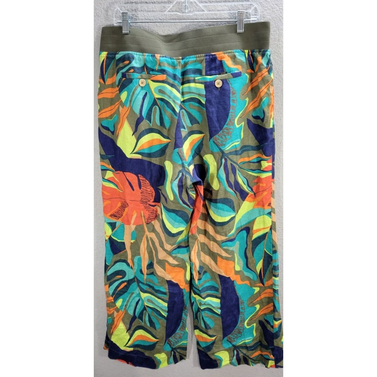 Soft Surroundings Soft Surroundings Linen Green Wide-Leg Pants Pull On PL Petite Leaves Pattern Womens Dress Pants Size 36" / US 14 / IT 50 - 5 Thumbnail