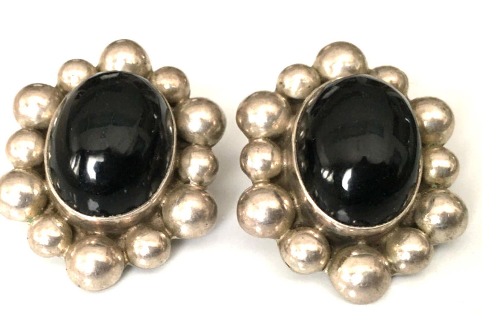 Sterling Silver Vintage Earrings TAXCO Mexico 925 Sterling Clip-on Onyx Size ONE SIZE - 2 Thumbnail