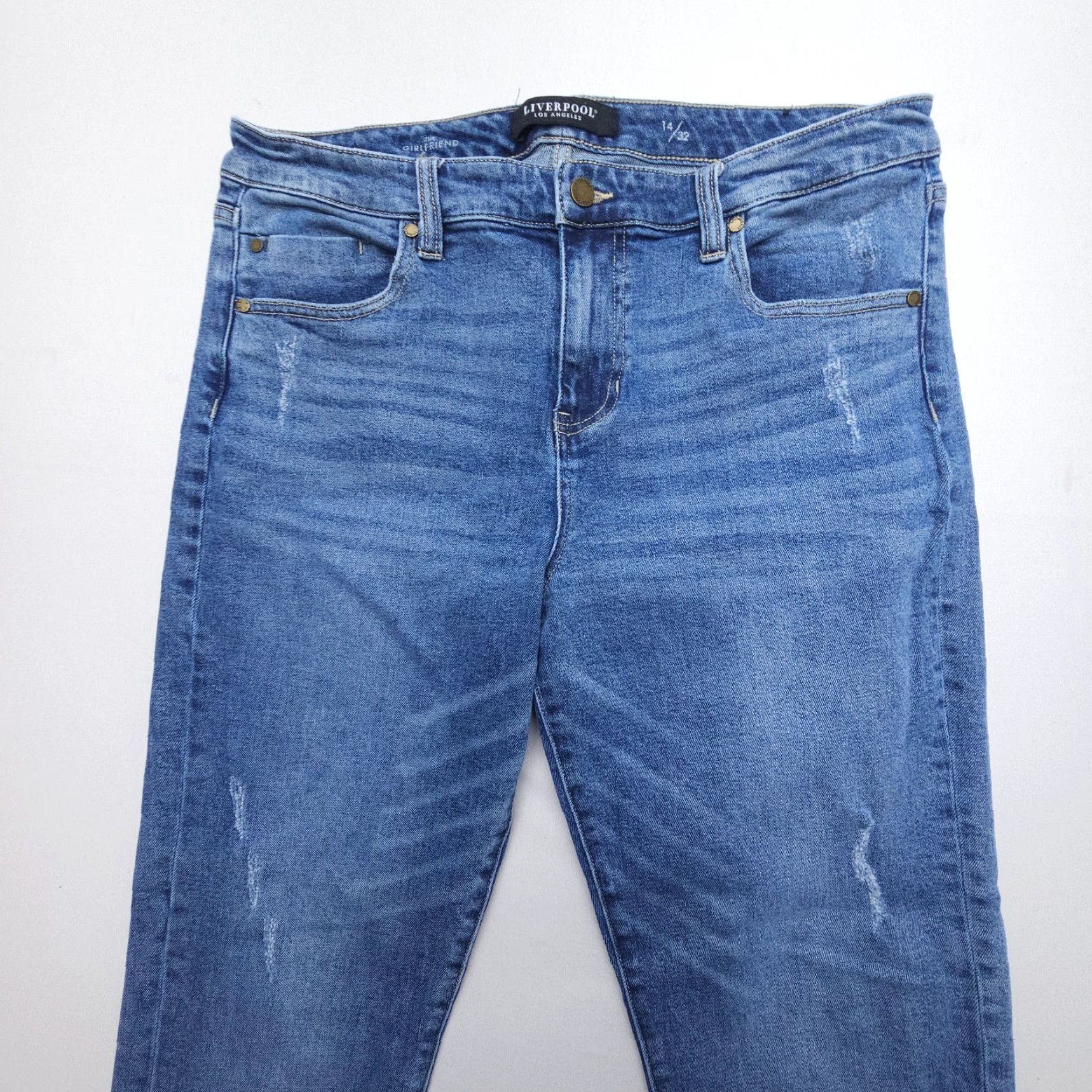 Vintage Liverpool Jeans The Girlfriend Jeans Womens 14 / 32 Blue Mid Rise Stretch Distressed Size 36" / US 14 / IT 50 - 3 Thumbnail