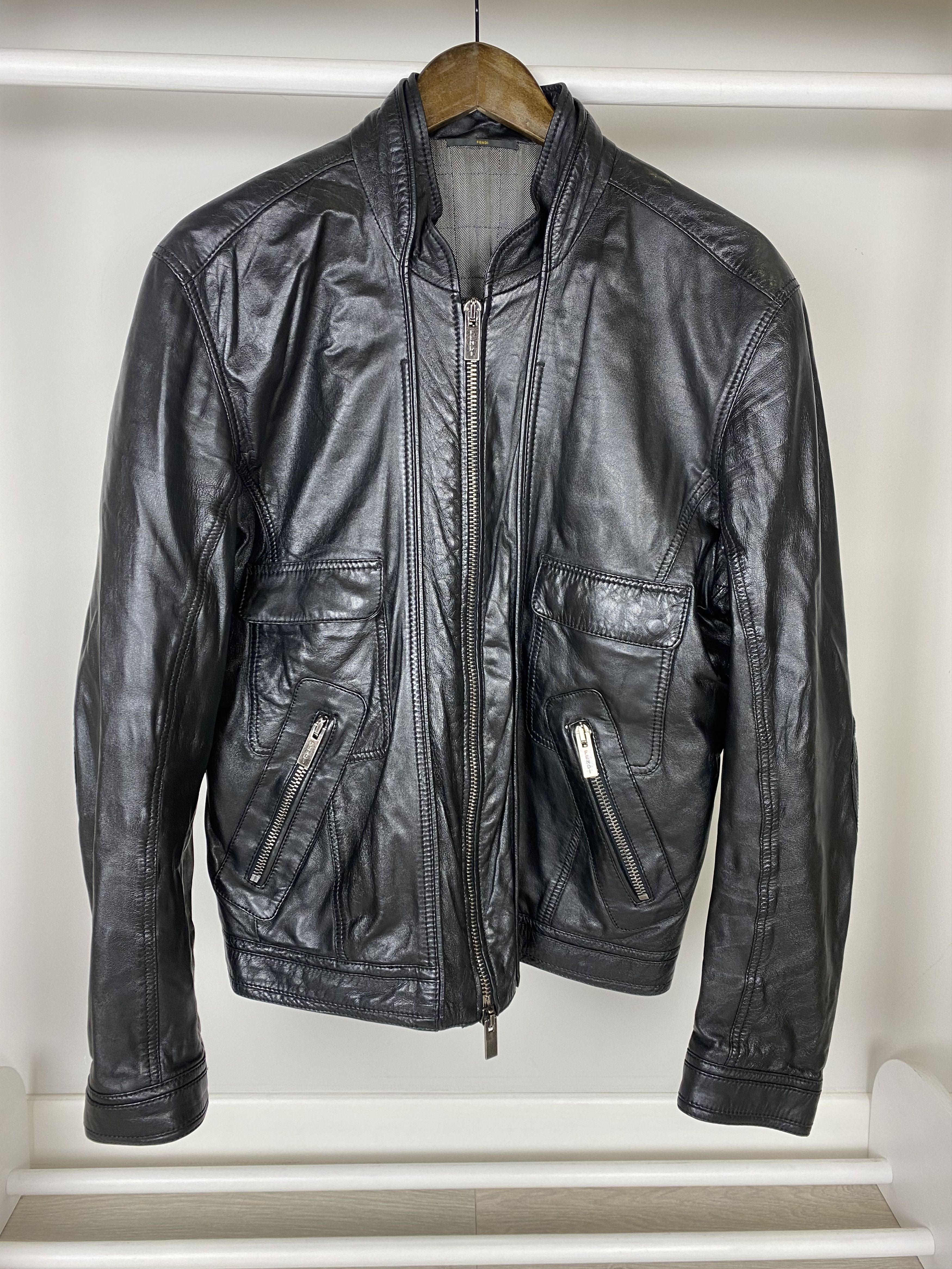 image of Fendi Leather Biker Jacket in Black, Men's (Size Large)