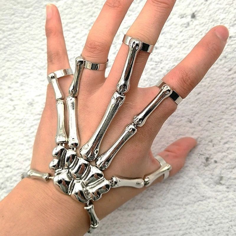 Jewelry Skeleton Ring Hand Bracelet Bones Goth Human Jewelry Chrome Size ONE SIZE - 2 Thumbnail