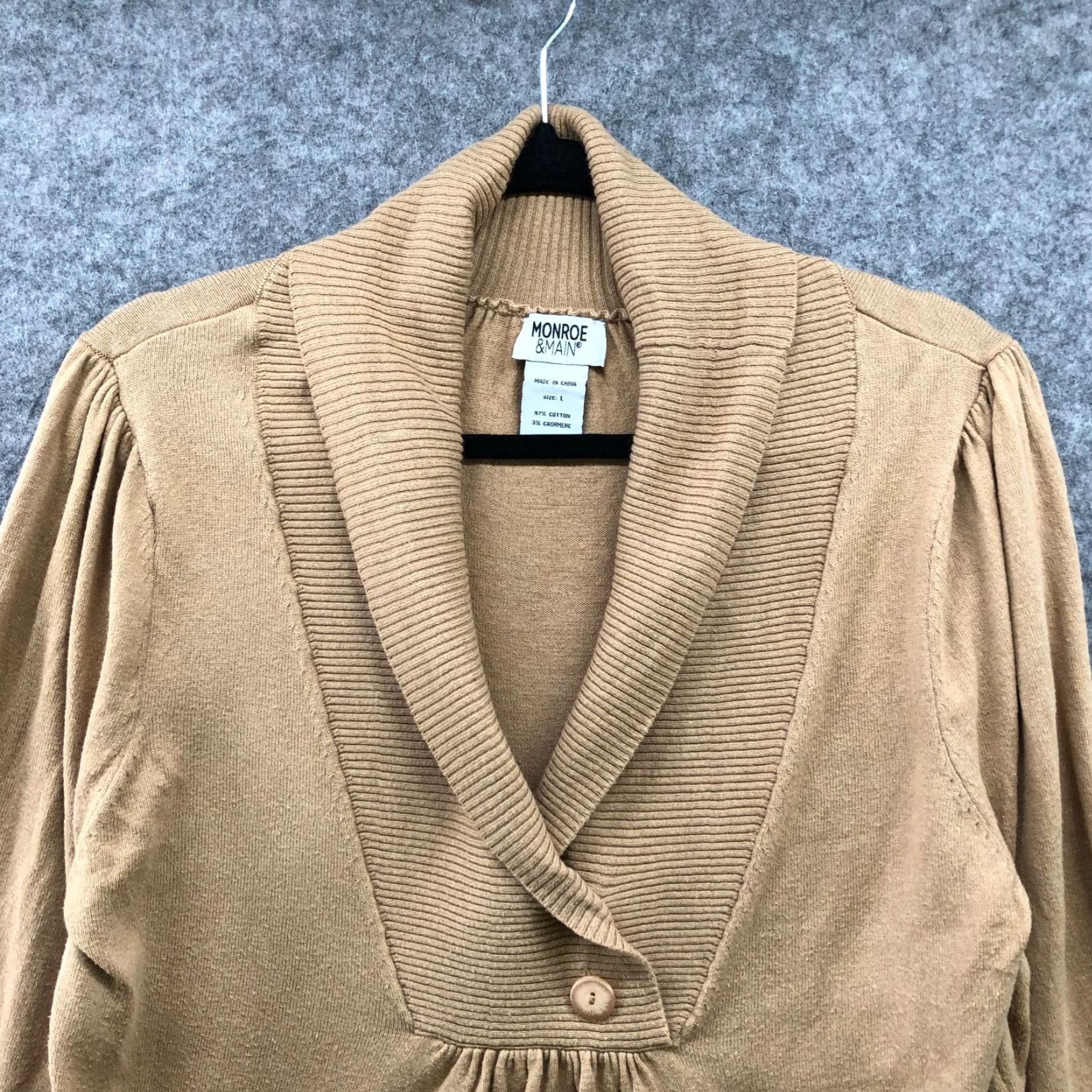 Vintage Monroe & Main Womens Sweater Pullover Tan Cotton Cashmere Shawl Collar Size L Pullover Size L / US 10 / IT 46 - 3 Thumbnail