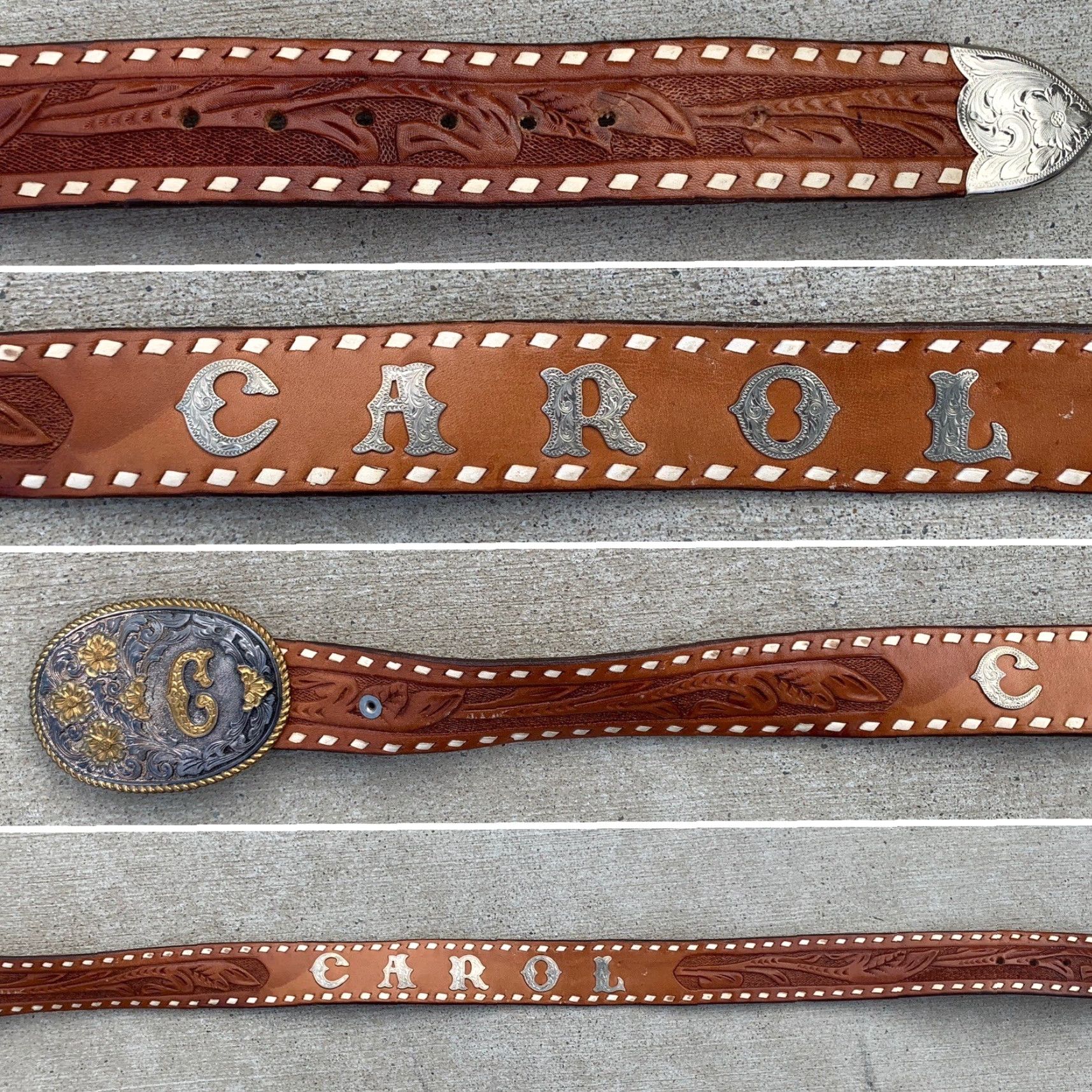 Vintage VINTAGE Tooled Leather Western Belt The Name Carol C Buckle El Arturo Crumrine Belt Size ONE SIZE - 3 Thumbnail