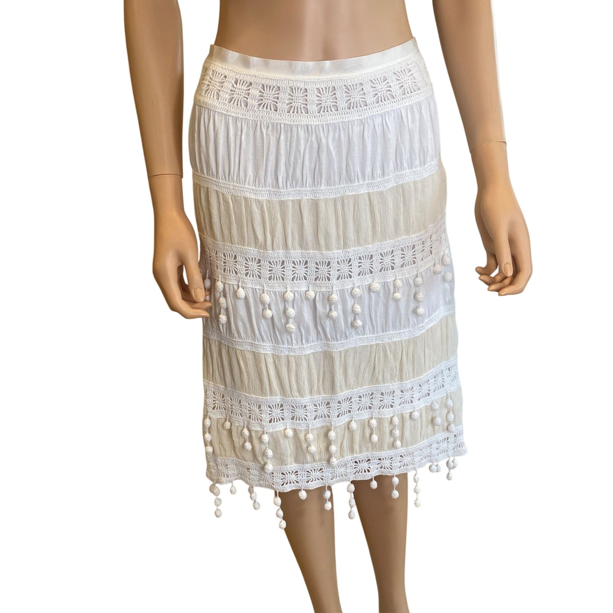 Trina Turk Skirt w/ Pom Poms Women's 12 Ivory Beige Cotton