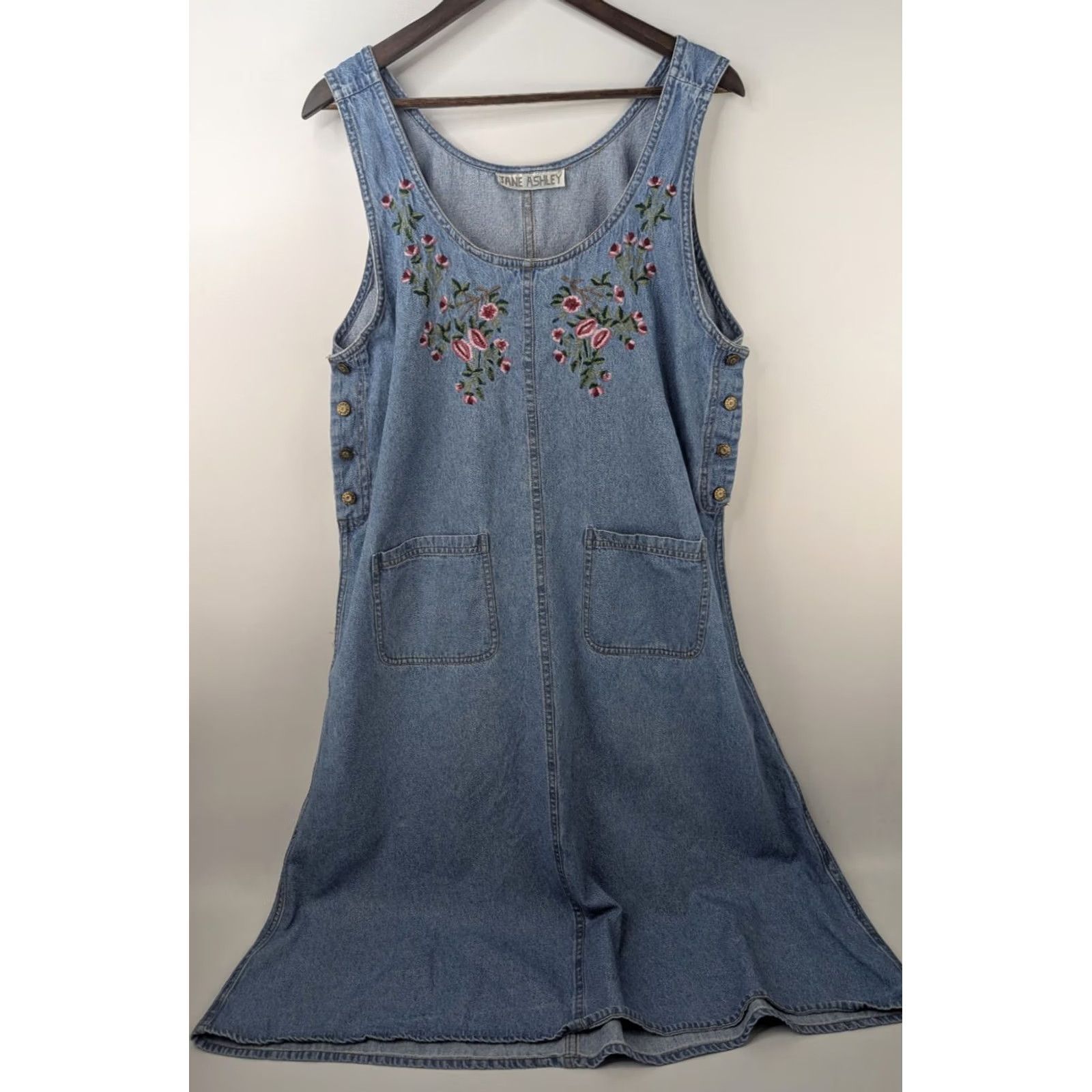 Denime VINTAGE Jane Ashley Denim Floral Embroidered Jumper Womens Dress Maxi Pockets Size L / US 10 / IT 46 - 2 Thumbnail