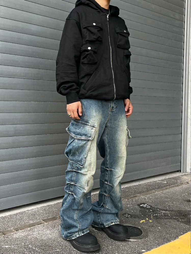 denim y2k pleated bootcut cargo jeans