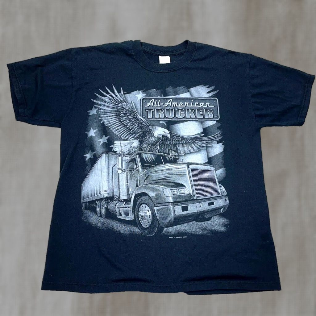 Jerzees VINTAGE Jerzees Trucking Shirt Men L Black Tee 80s Retro Graphic Print All American Trucker Eagle Size US L / EU 52-54 / 3 - 1 Thumbnail