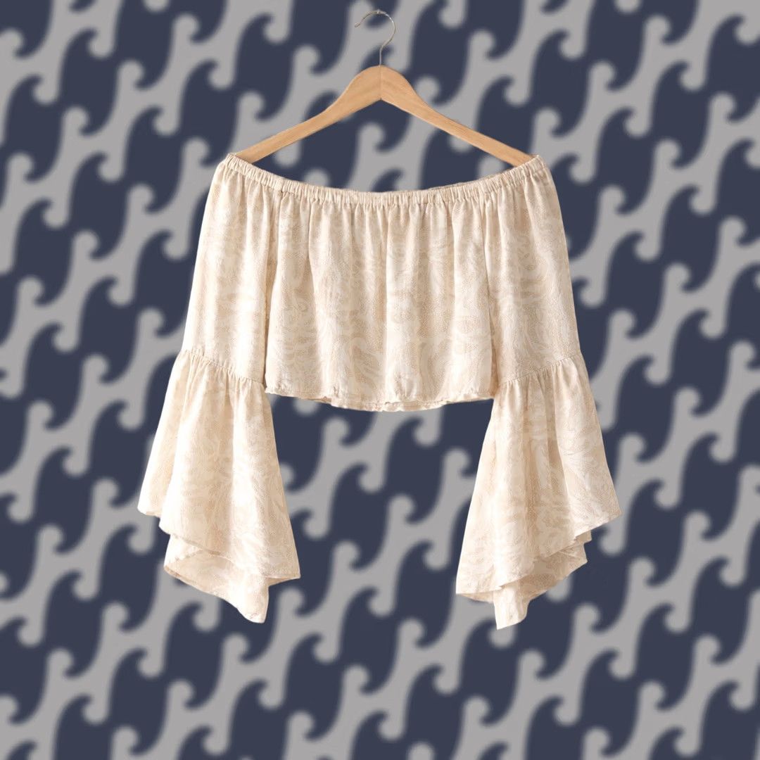 Vintage VINTAGE Boho Off Shoulder Crop Top Womens M Cream Floral Peasant Bell Sleeve Cottagecore Size M / US 6-8 / IT 42-44 - 1 Thumbnail